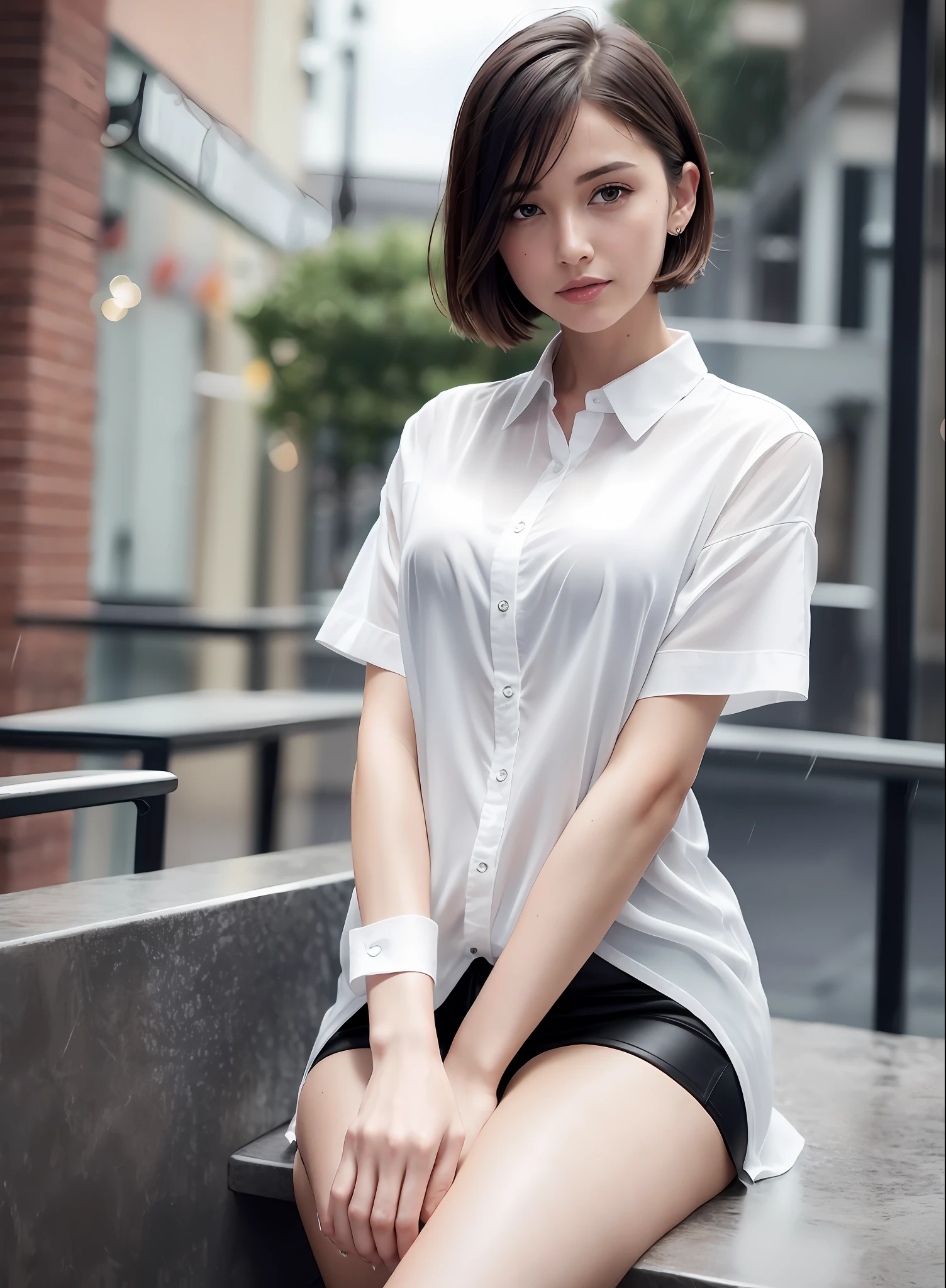 (8k, Best Quality, Masterpiece: 1.2), (Realistic, Photorealistic: 1.37), Super Detailed, 1 Girl, Cute, Alone, Beautiful Detailed Sky, Detailed Cafe, Night, Sitting, Date, ( Nose blush), (smile: 1.15), (close mouth) small breasts, beautiful details, (collared shirt: 1.1), night, wet, business wear, rain, white lace, (short hair: 1.2), floating Hair NovaFrogStyle,