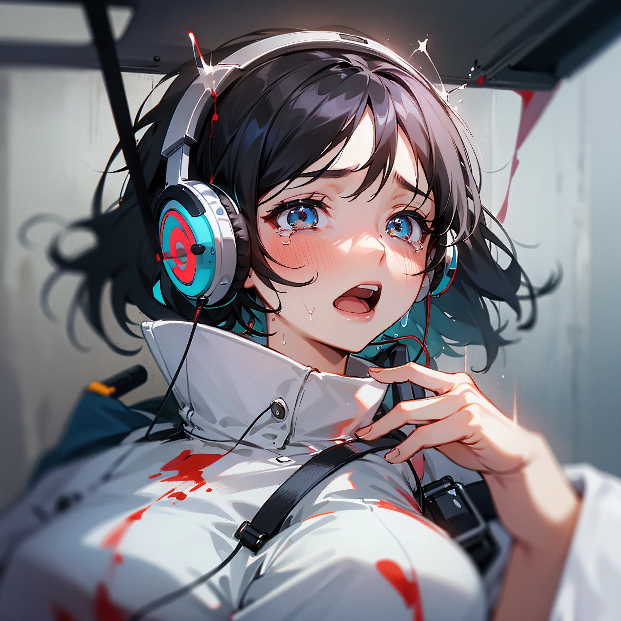 Best quality, masterpiece, a girl, black hair, white shirt, small breasts, headphones, open mouth, tears, blood on the ground, terrified expressions, on the helicopter, close-up, girl front