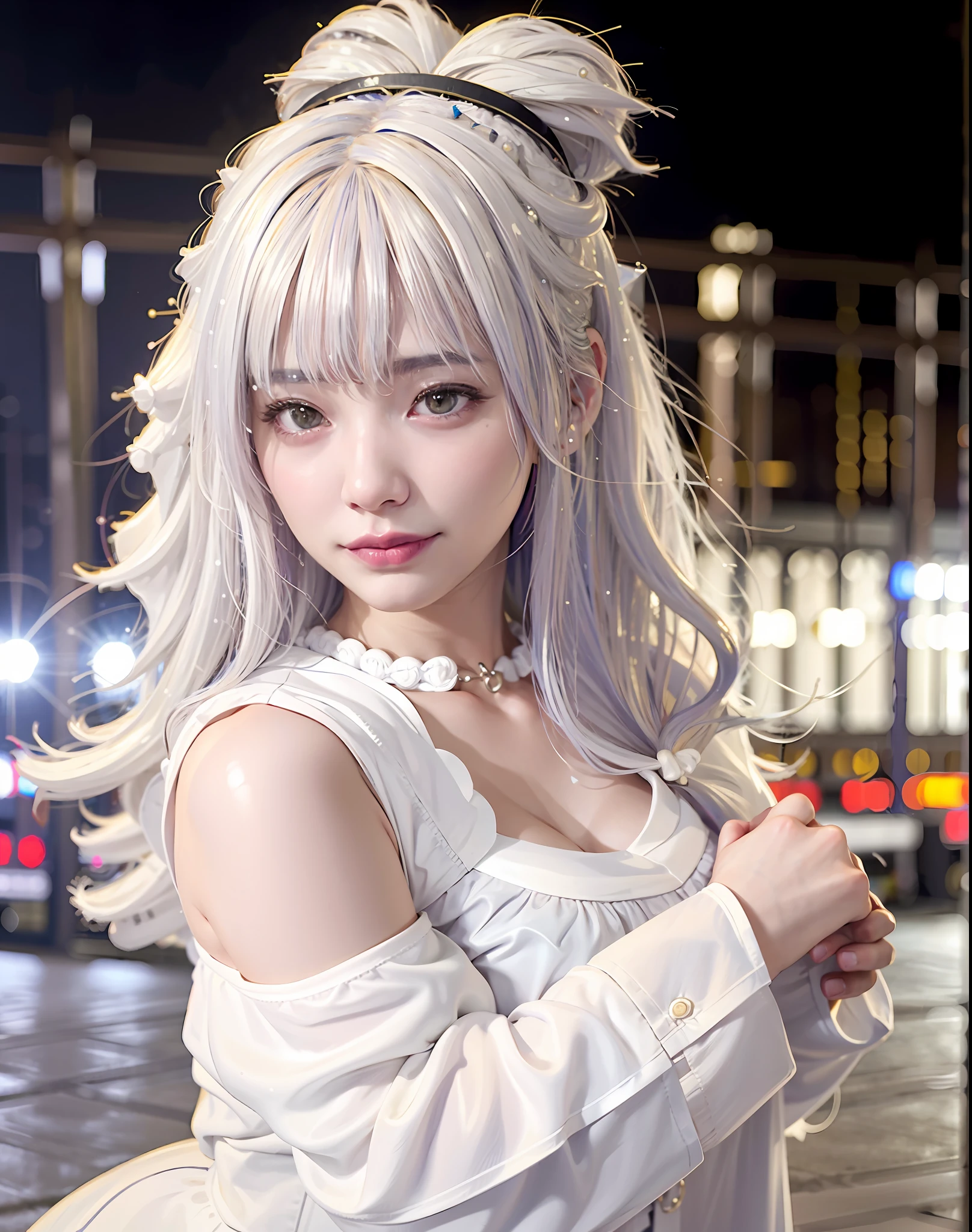 best quality, photorealistic, 8k, high res, 1girl, woman,(skindentation), (large breast), (professional lighting, bokeh), (street), (people, crowds:0.6), market,  (night:1.2),(white hair:2.0), (blouse:1.5), (portait:0.6), gorgeous, bloom, (floating hair),(light particles, lens flare, glowing particles:0.6), (dynamic pose:1.2), soft lighting,