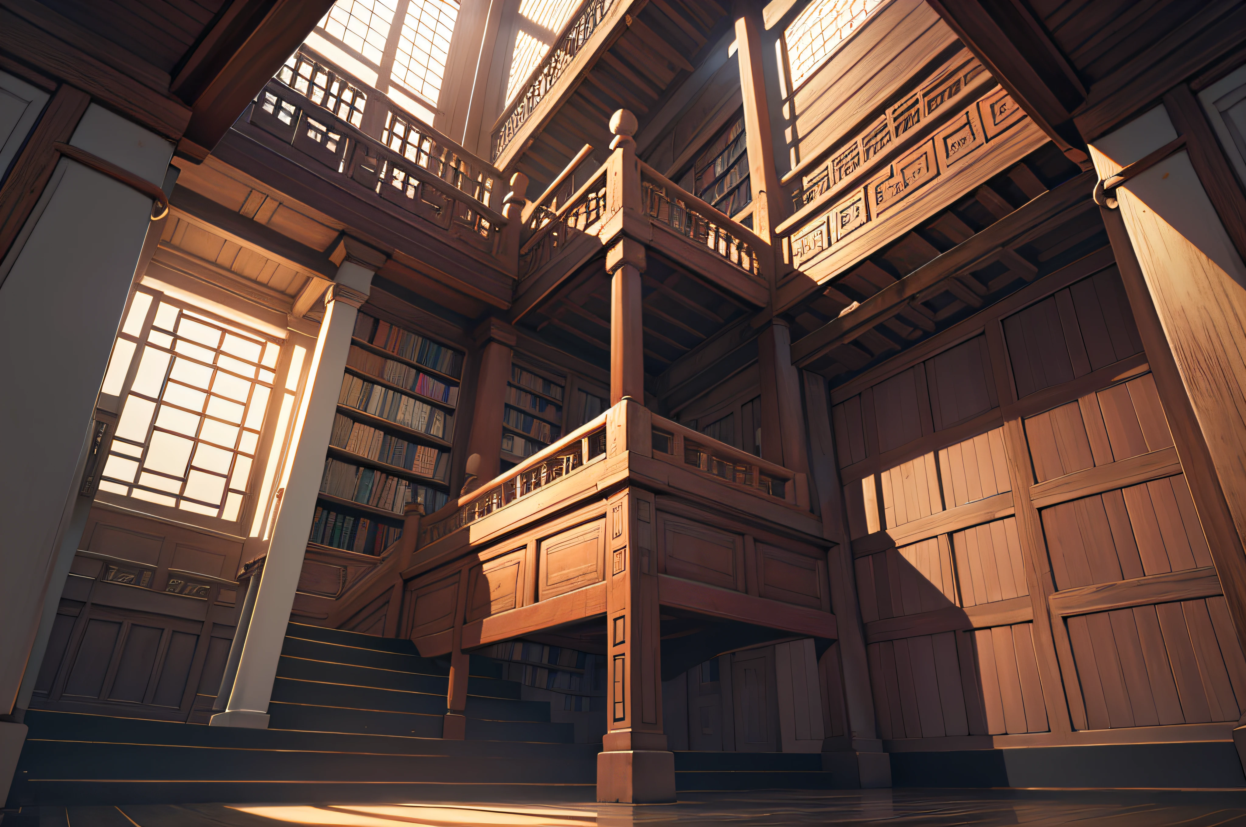Best quality, masterpiece, high resolution, library cabinet, wooden, stairs, four floors, lots of books, a lot of weird patterns on the building from below, 4k, 8k,. Chinese ancient style. ,8K UHD, DSLR, soft light, high quality, volumetric light, look from below, Photo, high resolution, 4K, 8K.
