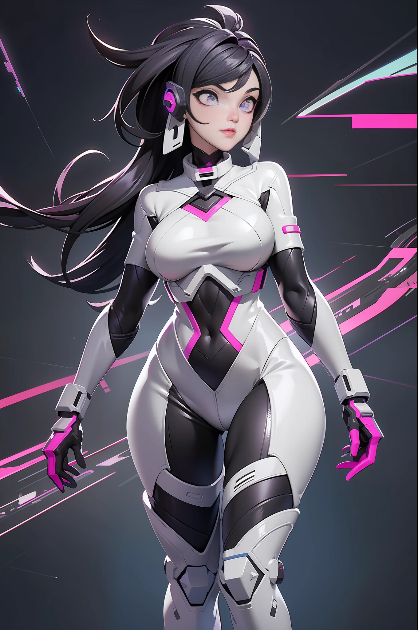 full body picture Unreal Engine 5 8K UHD of beautiful girl, black hair, wearing futuristic white tight battle suit, half face cyberpunk mask, futuristic neck collar, purple light details, beauty makeup, best quality, masterpiece