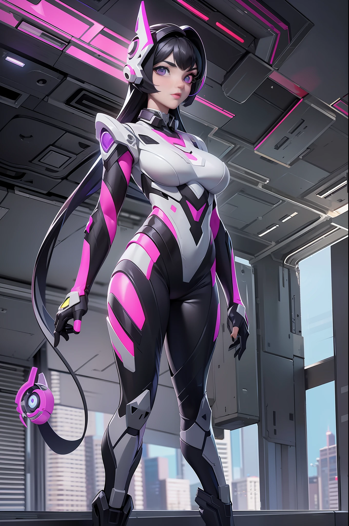full body picture Unreal Engine 5 8K UHD of beautiful girl, black hair, wearing futuristic white tight battle suit, half face cyberpunk mask, futuristic neck collar, purple light details, beauty makeup, best quality, masterpiece