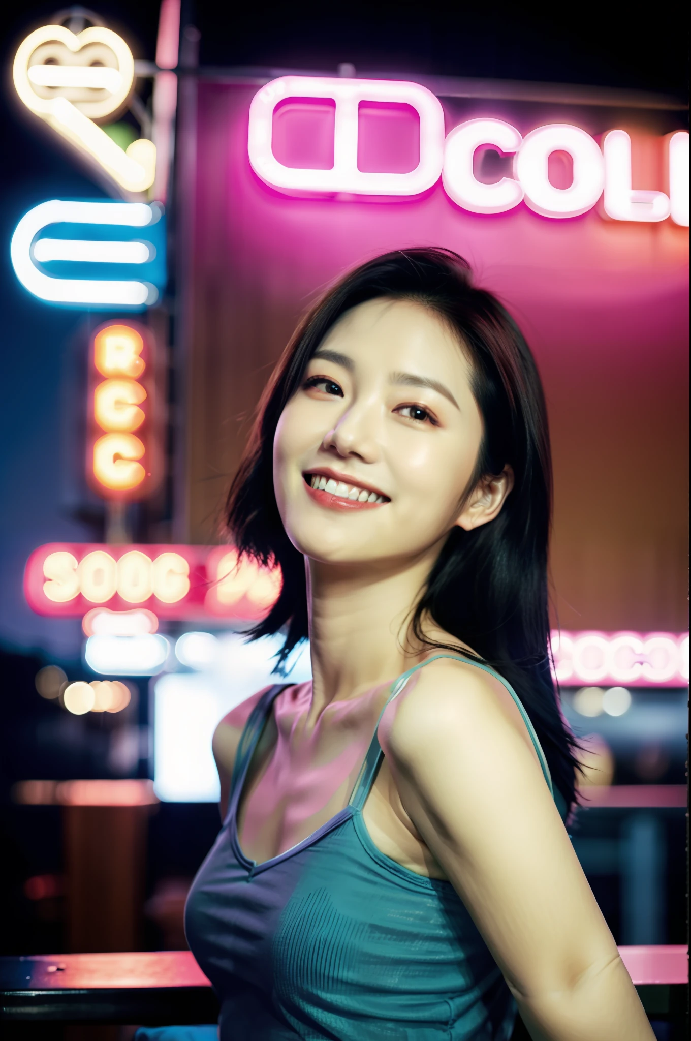 1girl, idol, model, depth of field, photo, film, face, skinny, smile, collarbone, teeth, movie, camisole, selfie, night, neon, sign,