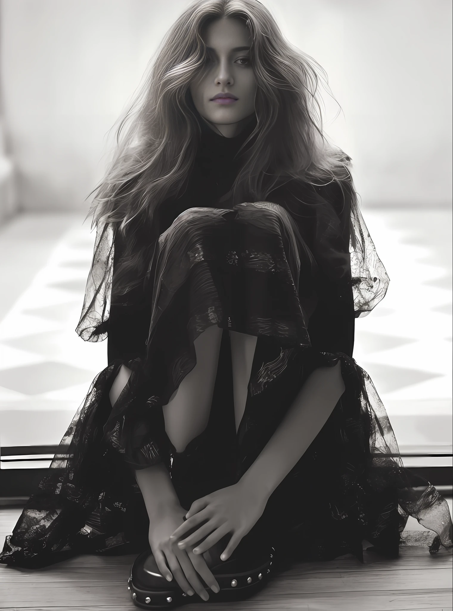 araffe sitting on the floor with her legs crossed and her hand on her knees, in style of paolo roversi, by Marie Vassilieff, vogue italy, photo from vogue magazine, by Emma Andijewska, by Marie Bashkirtseff, vogue magazine editorial, by Silvia Pelissero, inspired by Marie Bashkirtseff