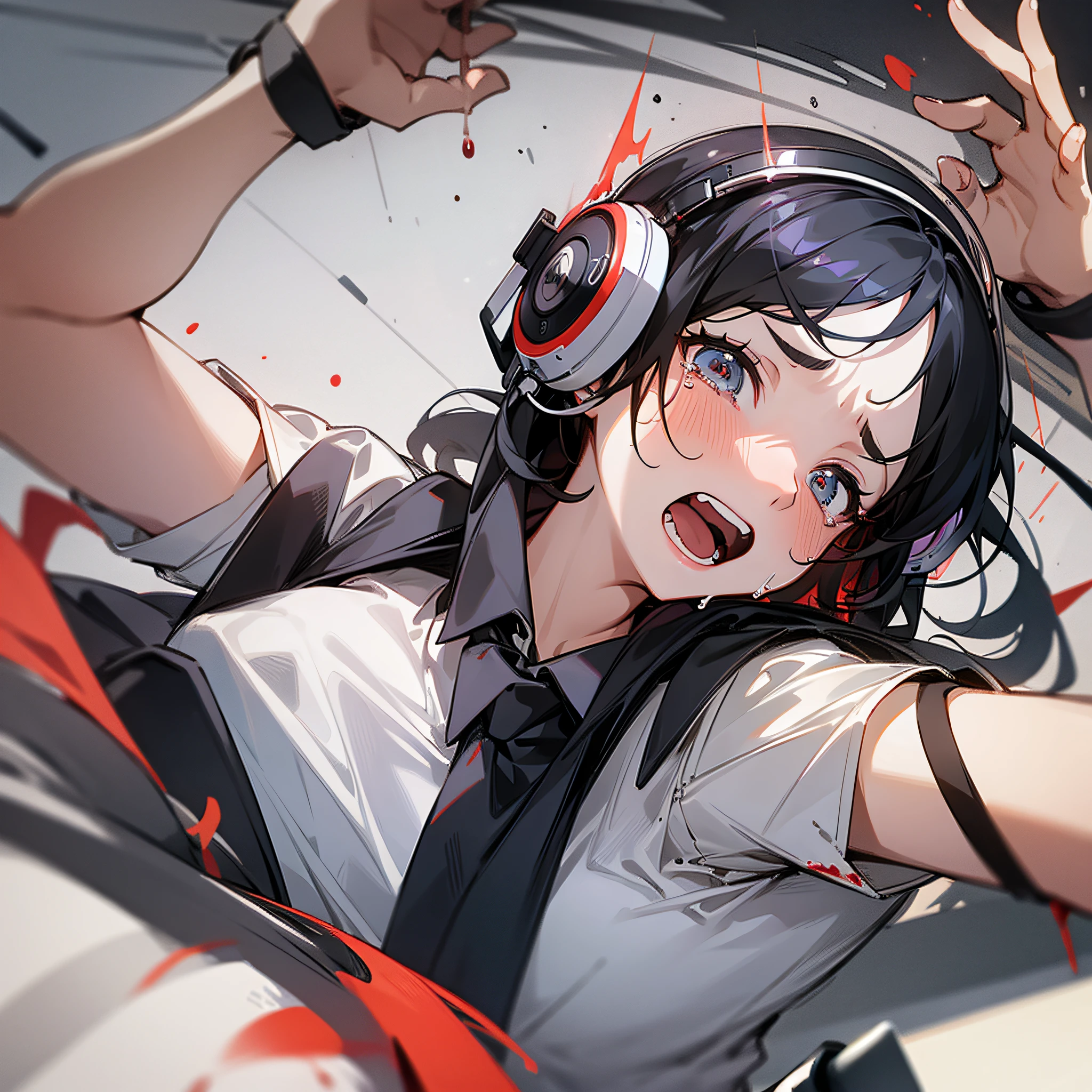 Best quality, masterpiece, a girl, black hair, white shirt, headphones, open mouth, tears, blood on the ground, terrified expressions, on a helicopter, close-up, girl front