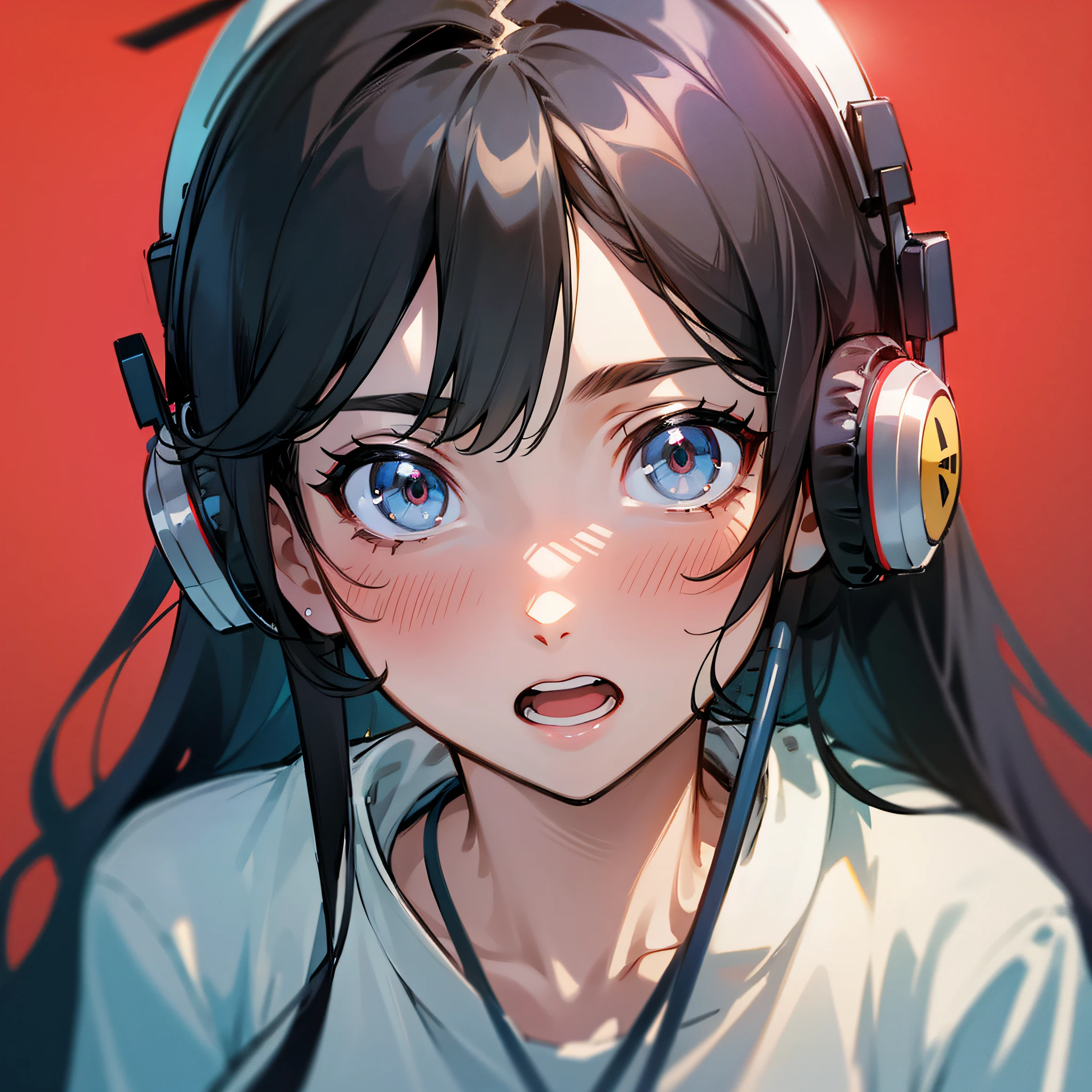 Best quality, masterpiece, a girl, black hair, white shirt, headphones, open mouth, terrified expression, on the helicopter, close-up, girl front