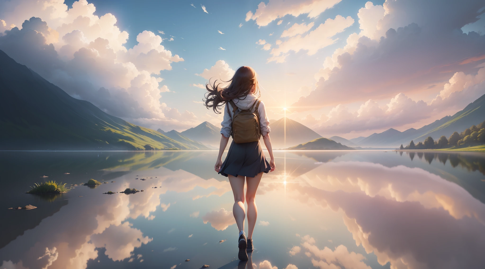 1 girl, full body, landscape view, beautiful landscape, sun rays, beyond the clouds, water surrounded, reflections, wide angels, breathtaking clouds, wide angle, by makoto shinkai, thomas kinkade, james gilleard, by holosomnialandscape, hdr, volumetric lighting, ray tracing, an intricate, high details, very detailed, deviantart, 4k vertical wallpaper, colorful, airy,
