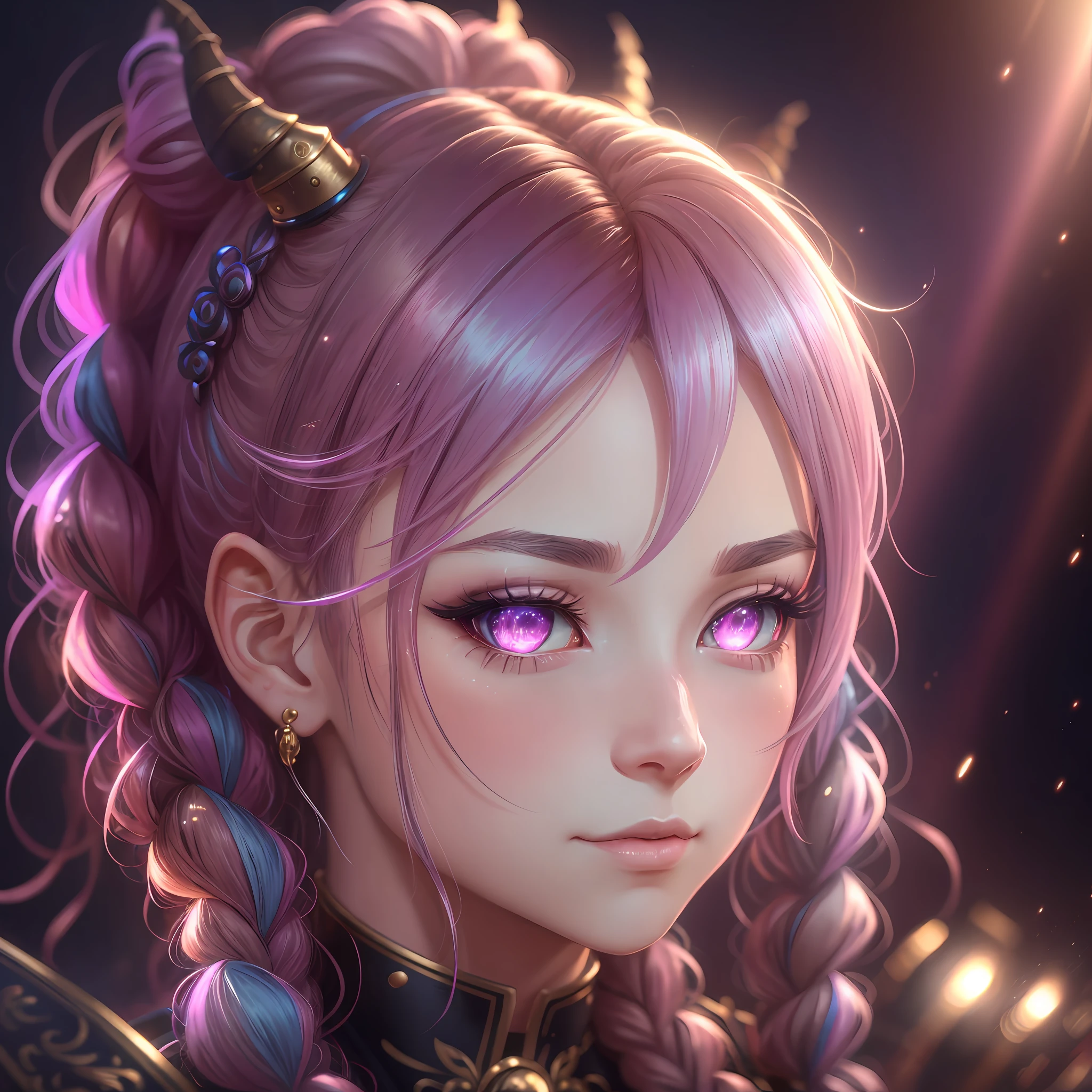 gradient hair, braided ponytail, hairclip, bell, dragon horns, longeyelashes, pupils sparkling, ear blush, full blush, moaning, happy, Surrealism, rococo style, high detail, modern, Contemporary art, En plein air, cinematic lighting, god rays, ray tracing, anaglyph, character chart, close-up, Sony FE GM, UHD, masterpiece, high details, high quality, award winning, best quality, 16k --auto --s2