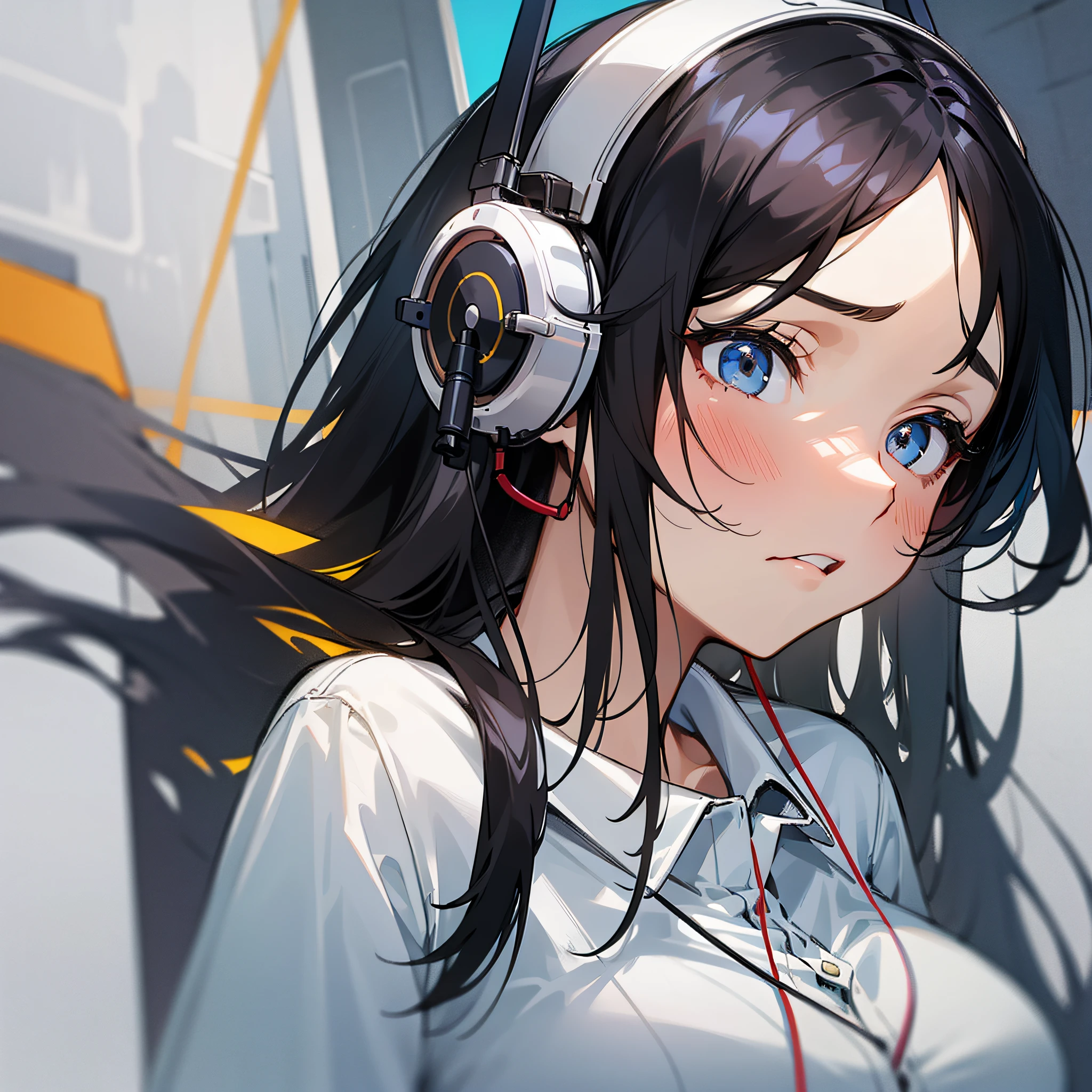 Best quality, masterpiece, a girl, black hair, white shirt, headphones, frightened expression, on a helicopter, close-up, girl front