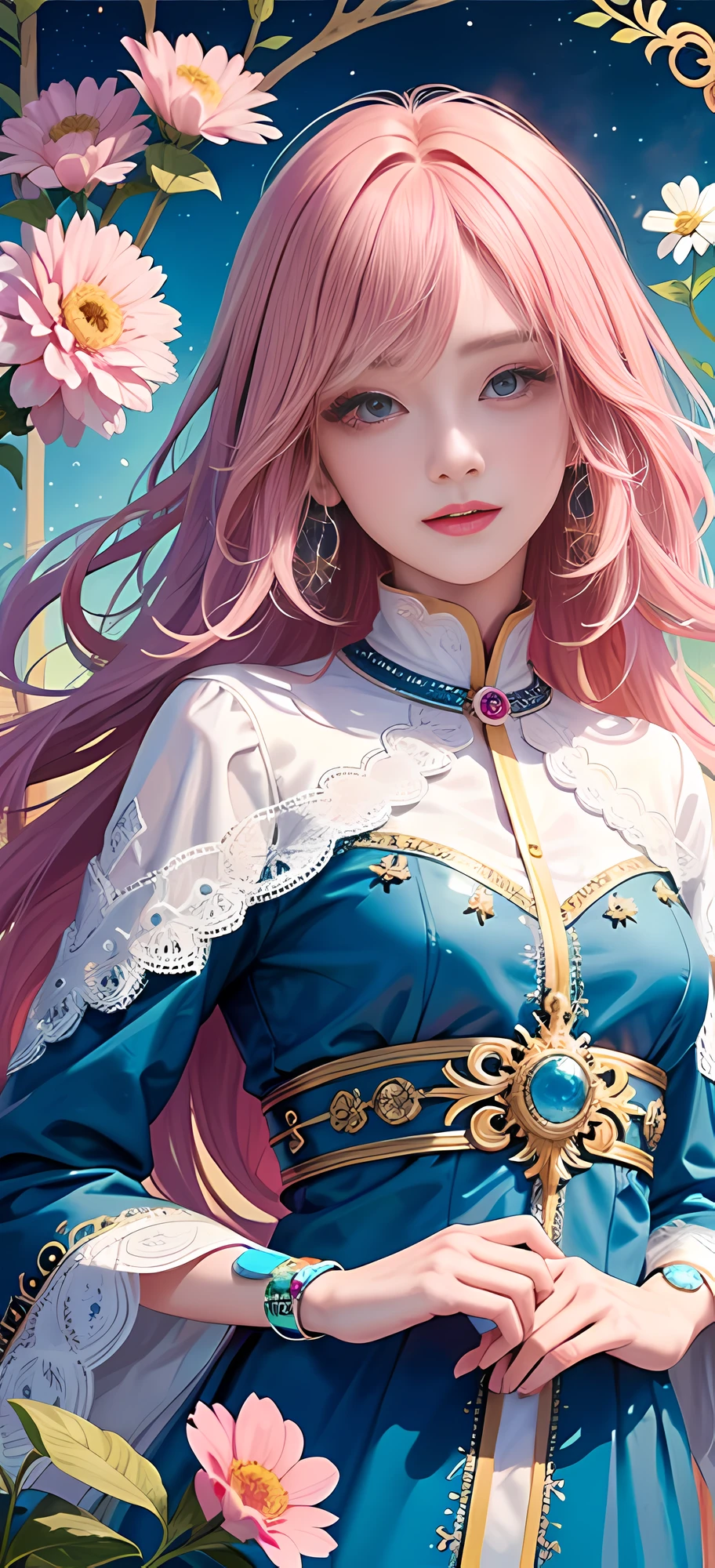 (Masterpiece, Top Quality, Best Quality, Official Art, Beauty and Aesthetics: 1.2), (1girl), Korean, (Smile), Extremely detailed, Colorful, Supreme Detailed, Uniform 8k wallpaper, Ultra detailed, Beautiful, Pale Pink hair color, (zentangle, flower, mandala, tangled, entangled), water art, surround, entangled, real, sci-fi background