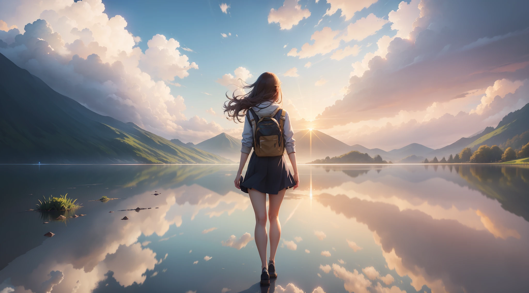 1 girl, full body, landscape view, beautiful landscape, sun rays, beyond the clouds, water surrounded, reflections, wide angels, breathtaking clouds, wide angle, by makoto shinkai, thomas kinkade, james gilleard, by holosomnialandscape, hdr, volumetric lighting, ray tracing, an intricate, high details, very detailed, deviantart, 4k vertical wallpaper, colorful, airy,