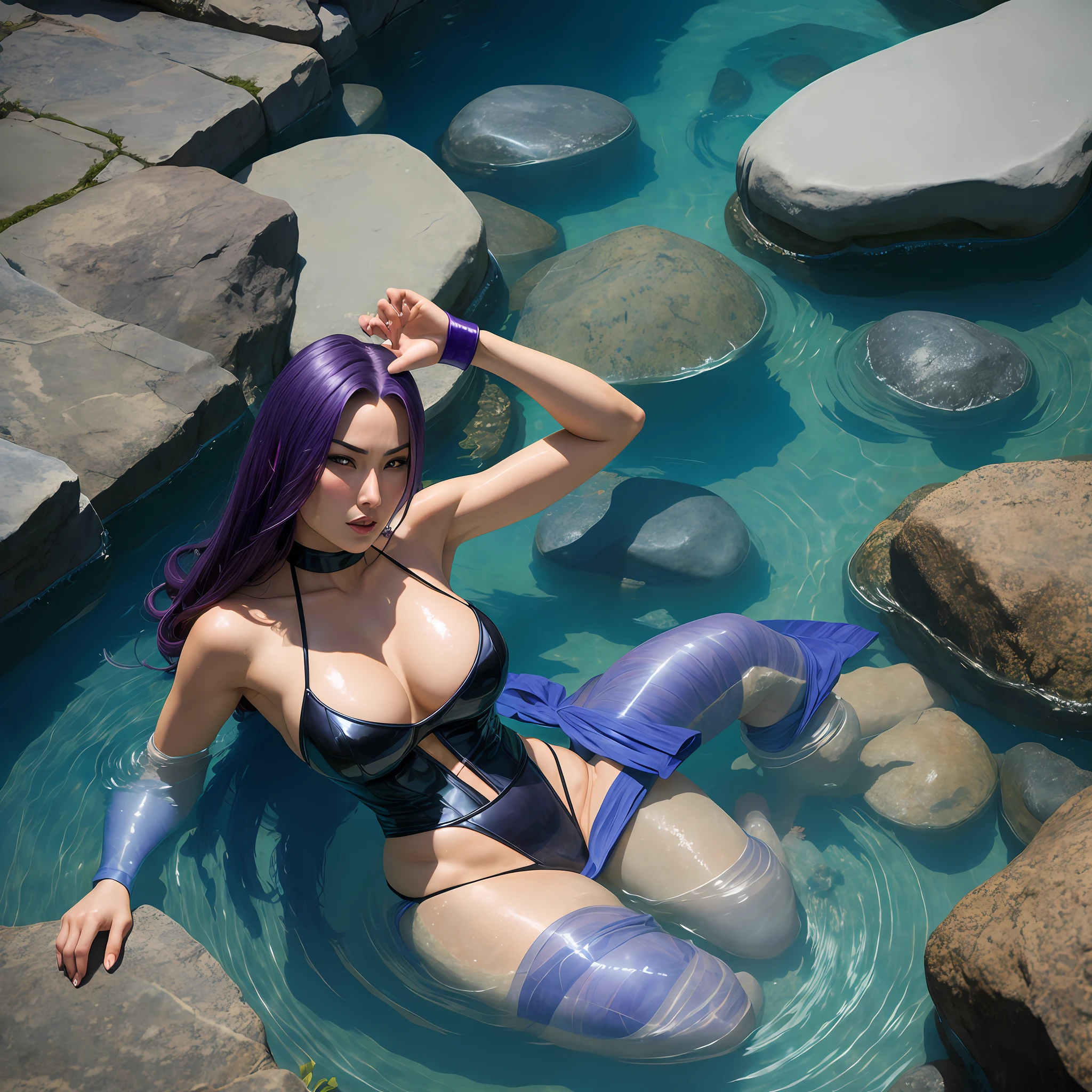 psylocke bathing in a japanese stone tank