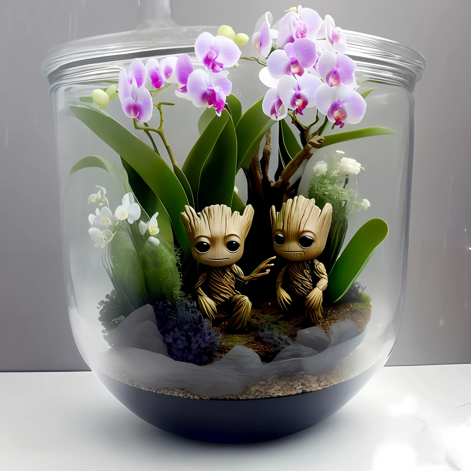 Baby Groot Guardians of the Full-Body Galaxies
Inside a glass jar with orchids