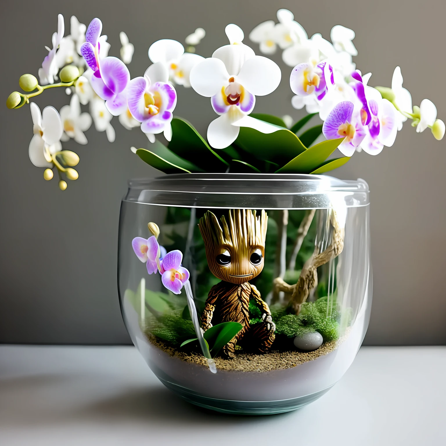 Baby Groot Guardians of the Full-Body Galaxies 
Inside a glass jar with orchids