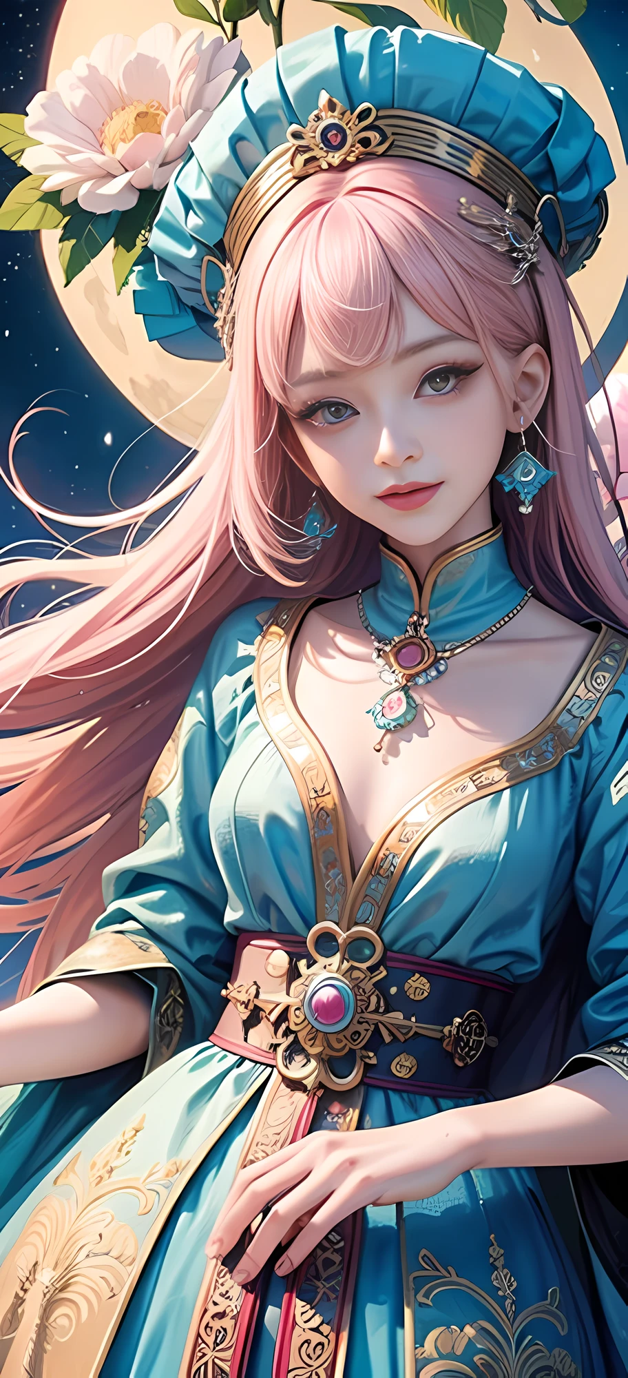 (Masterpiece, Top Quality, Best Quality, Official Art, Beauty and Aesthetics: 1.2), (1girl), Korean, (Smile), Extremely detailed, Colorful, Supreme Detailed, Uniform 8k wallpaper, Ultra detailed, Beautiful, Pale Pink hair color, (zentangle, flower, mandala, tangled, entangled), water art, surround, entangled, real, sci-fi background