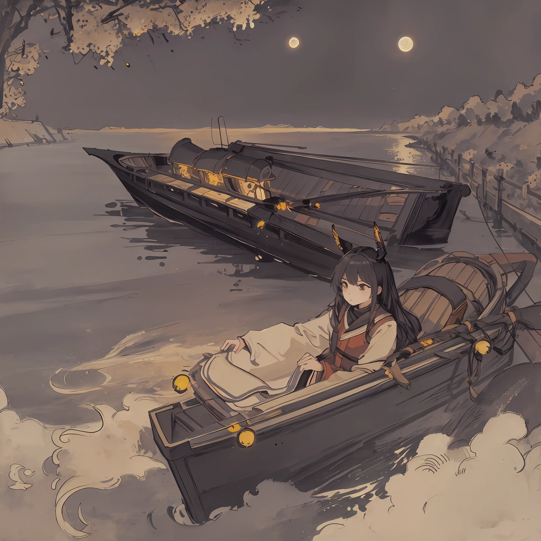 Masterpiece, best quality, night, hills, clouds, full moon, long hair, woman, silhouette, riverside, boating, fireflies.