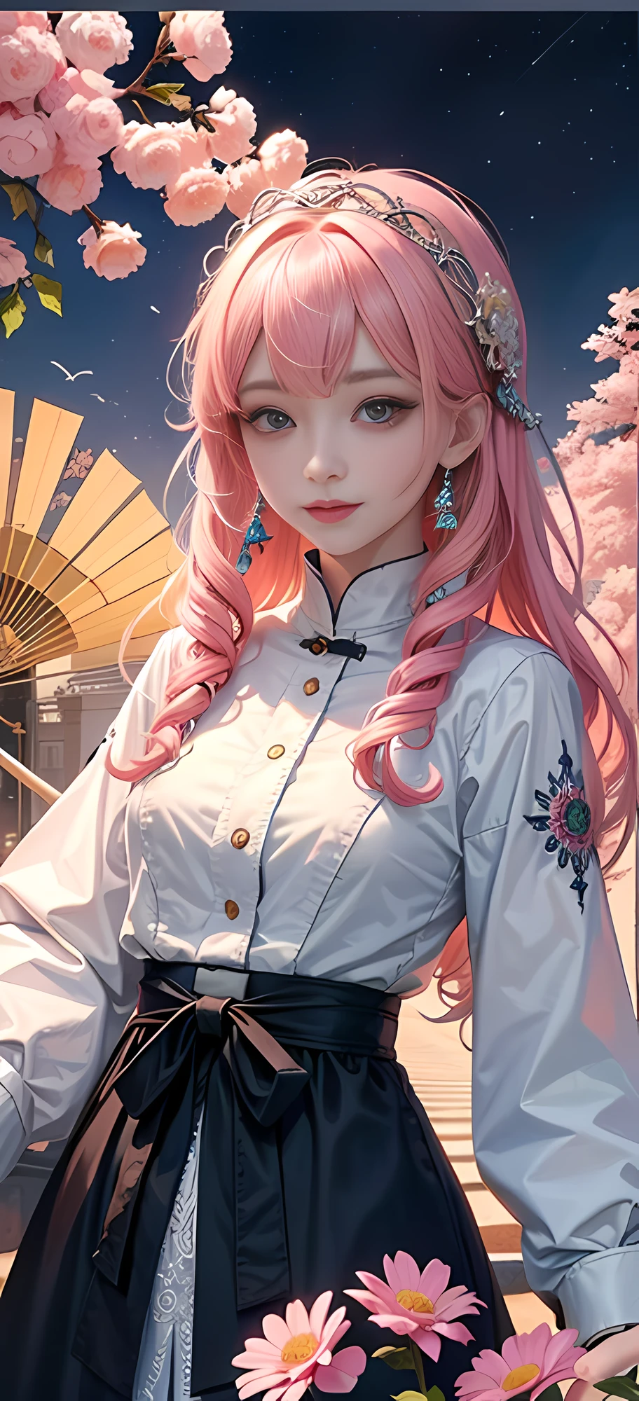 (Masterpiece, Top Quality, Best Quality, Official Art, Beauty and Aesthetics: 1.2), (1girl), Korean, (Smile), Extremely detailed, Colorful, Supreme Detailed, Uniform 8k wallpaper, Ultra detailed, Beautiful, Pale Pink hair color, (zentangle, flower, mandala, tangled, entangled), water art, surround, entangled, real, sci-fi background
