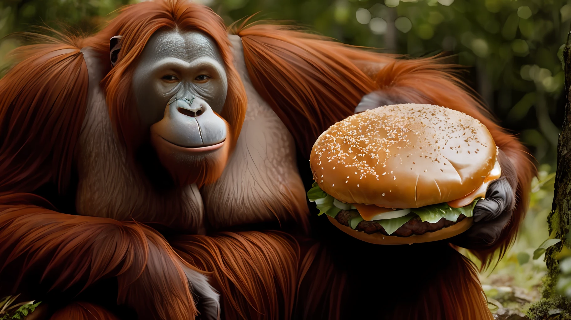 Portrait of giant orangutan climbing on giant cheeseburger, mega detail, hyperreal, HD, 8k