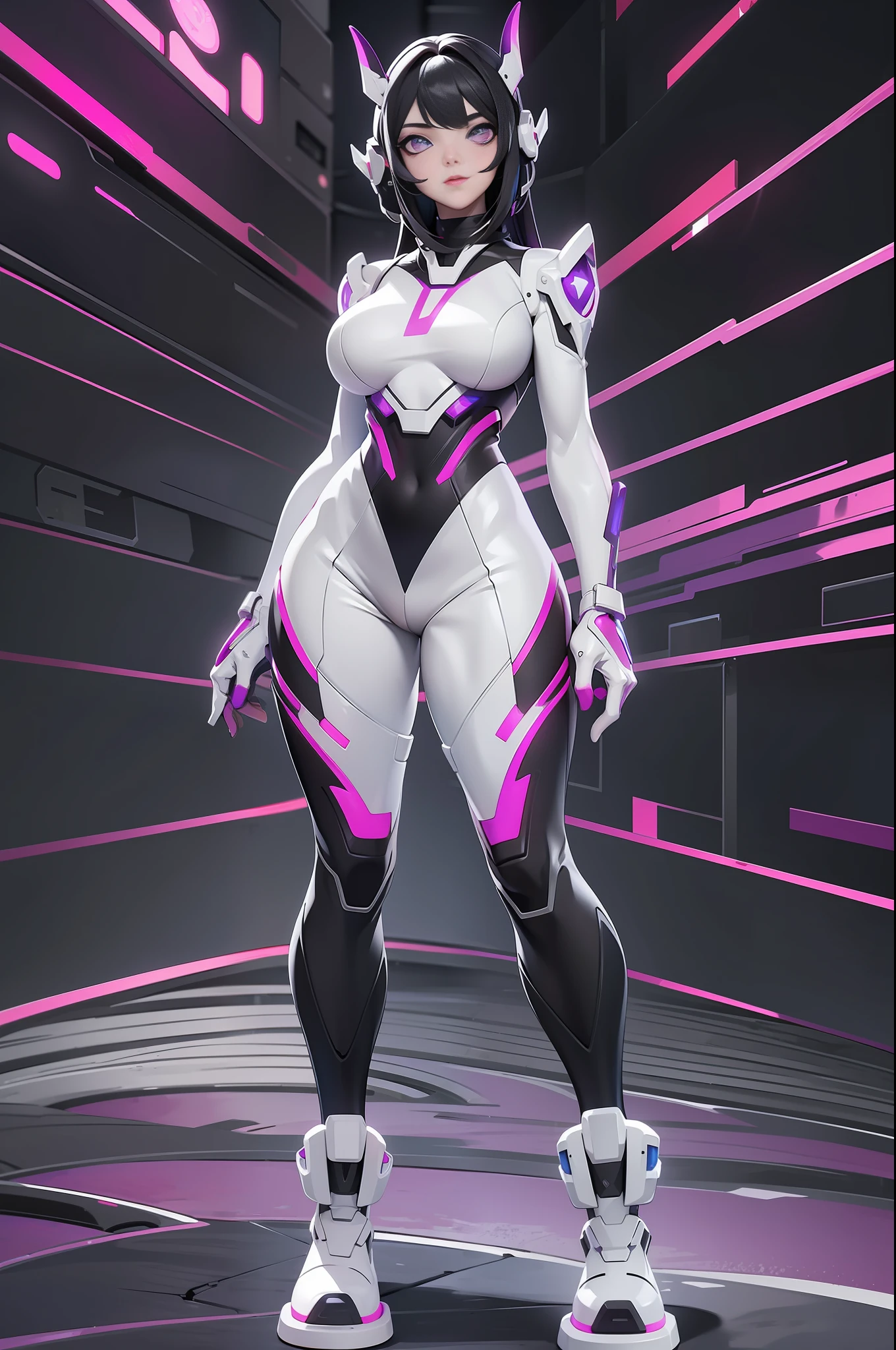 full body picture Unreal Engine 5 8K UHD of beautiful girl, black hair, wearing futuristic white tight battle suit, half face cyberpunk mask, futuristic neck collar, purple light details, beauty makeup, best quality, masterpiece