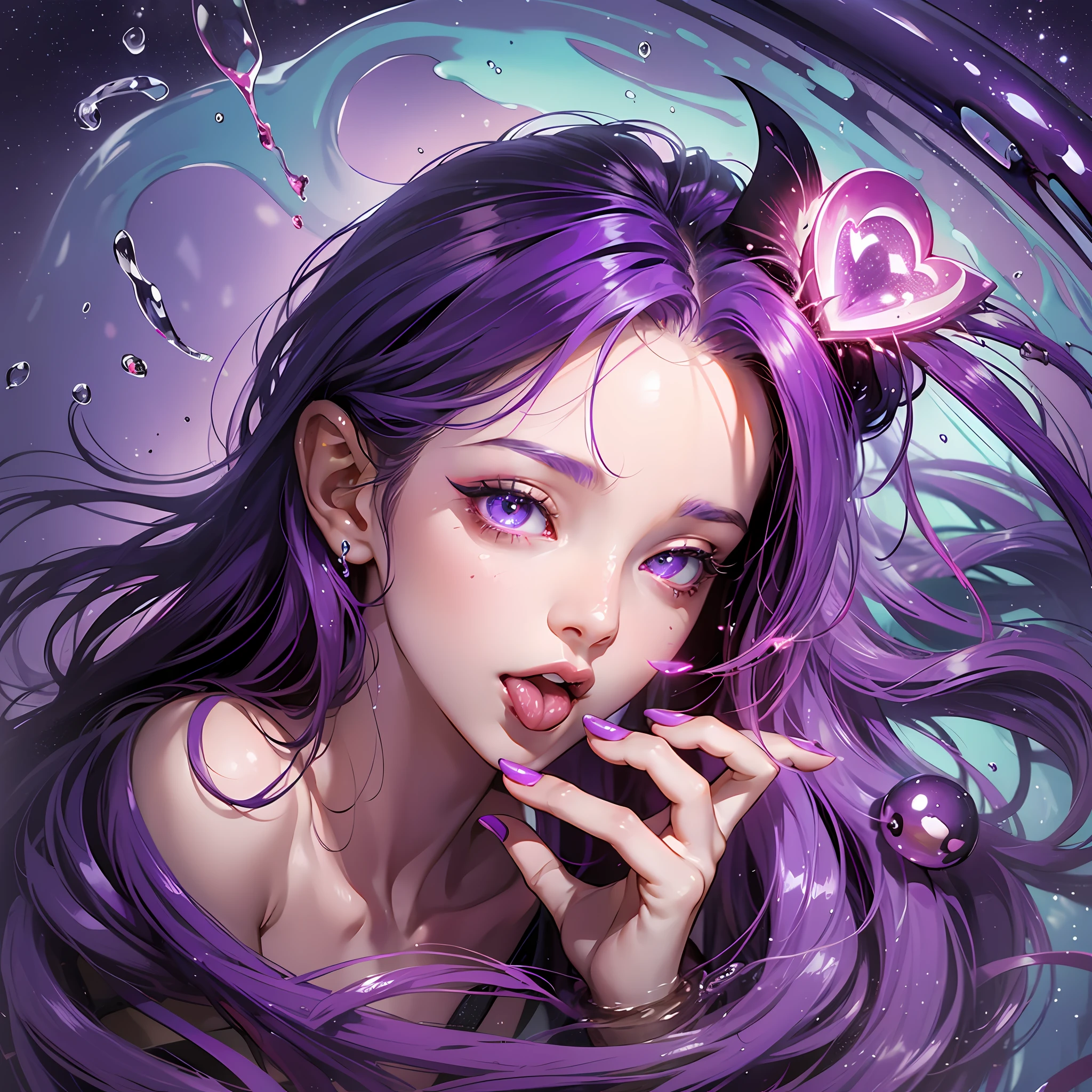 view from above, succubus, light skin, red hair, ahegao, glowing womb tattoo, tongue out, very long tongue, winks at camera, perfect body, heart shaped iris, body mostly covered in purple slime, dripping, saliva dripping, fishnets, succubus emerging with ecstasy from deep purple slime pool, drinking purple liquid drops, tilting head in anticipation towards liquid drips, wet skin, mind break effect, masterpiece, hyper realistic anime art, sticky purple liquid , bathing in purple liquid, erotic pose, seductive, begging --auto --s2