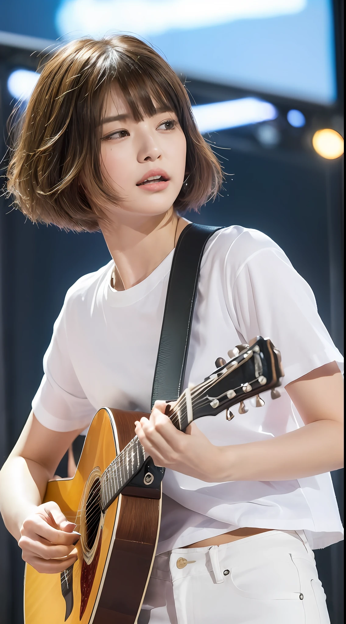 ((top quality, 8k, masterpiece: 1.3)), sharp focus: 1.2, cute woman: 1.4, (((layered haircut)), (white shirt), (sunny, street: 1.2), highly detailed face and skin texture, Detailed eyes, double eyelids, white skin, long hair, brown hair, cute young Japan woman, 28 years old, neon, beautiful pop singer holding guitar, white t-shirt, jeans, Singing into the microphone and at dynamic angles, it is pleasing to the eye and suggestive composition, emphasizing the subject's hair, eyes, mouth and action, while exuding melancholy emotions characterized by a soothing tone and contrasting mix of light and shadow.