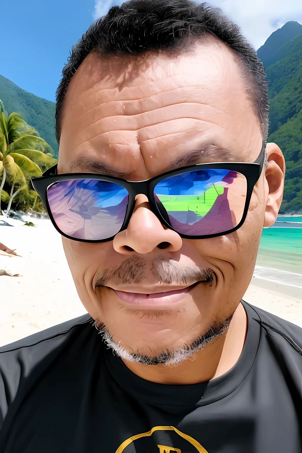 guttonerdvision4, portrait of a man in sunglasses, skin face and pores detailed, on the beach surrounded by mountains, coconut trees, rocks, wearing black rock band t-shirt, ultra realism, ultra detailed scene