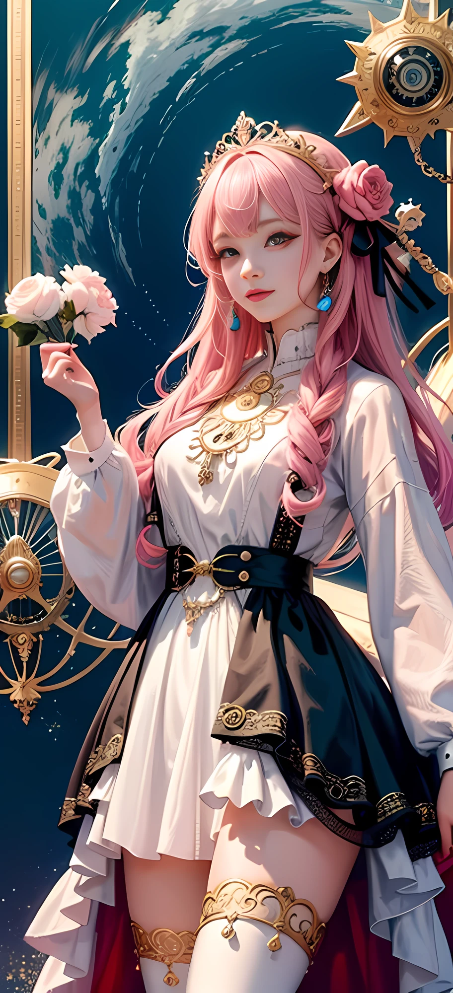 (Masterpiece, Top Quality, Best Quality, Official Art, Beauty and Aesthetics: 1.2), (1girl), Korean, (Smile), Extremely detailed, Colorful, Supreme Detailed, Uniform 8k wallpaper, Ultra detailed, Beautiful, Pale Pink hair color, (zentangle, flower, mandala, tangled, entangled), water art, surround, entangled, real, sci-fi background