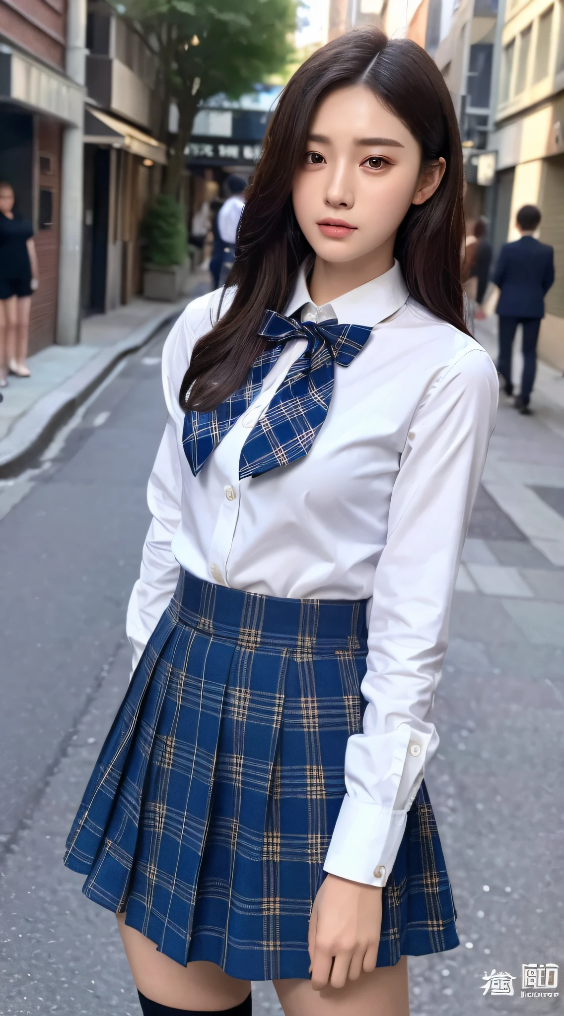 ((Top quality, 8k, Masterpiece: 1.3)), beauty, hidden face, 1 girl, beauty: 1.3, slender abs: 1.1, Japanese high school uniform, pure white shirt, full chest, dark blue plaid short skirt, bow tie, over-the-knee socks, long black hair, (standing in the old street), super detailed face, highly detailed lips, detailed eyes, double eyelids, strict head and body proportions, detailed shirt buttons, detailed hand details