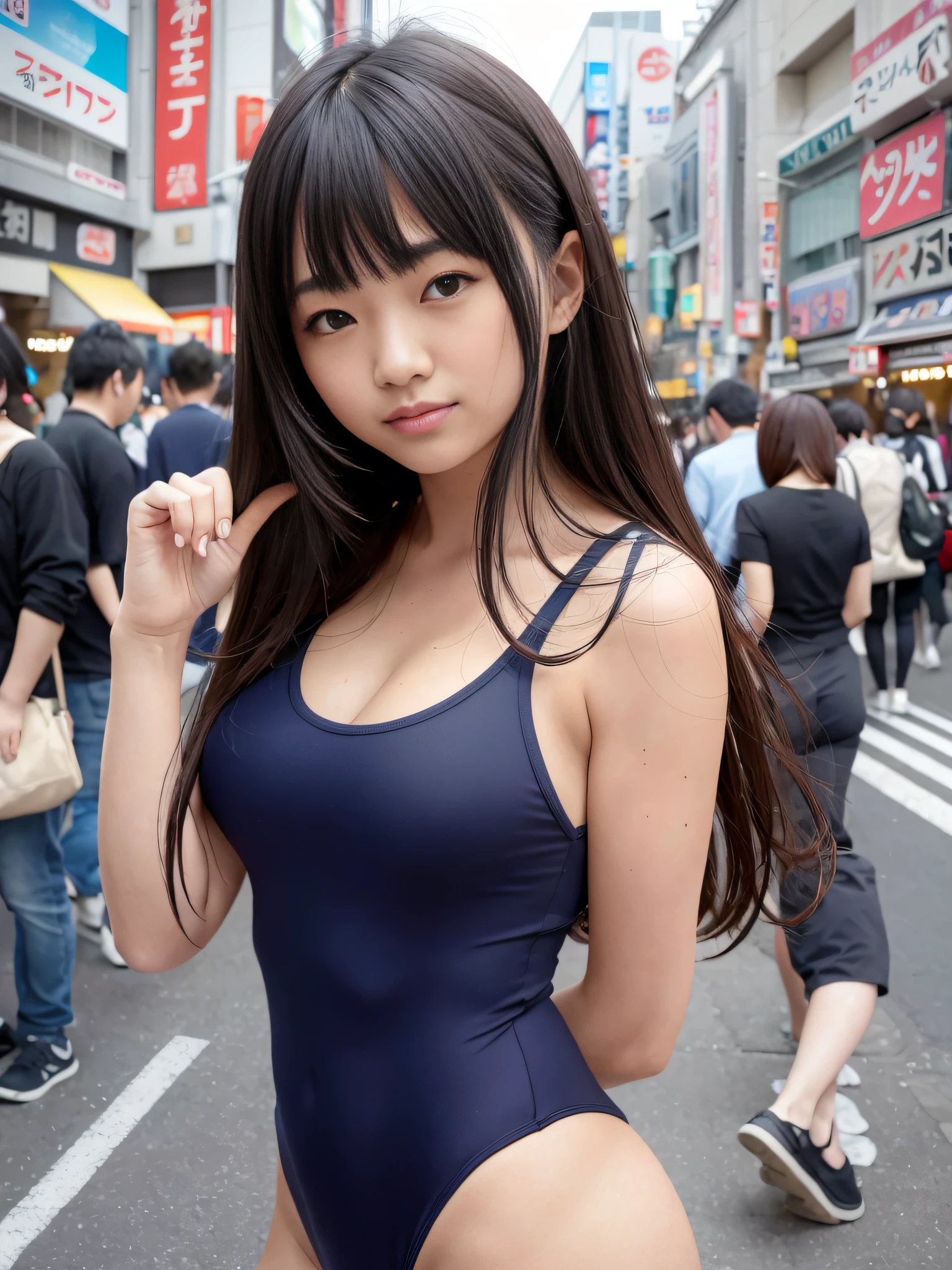 Ultra top quality, masterpiece, ultra high resolution, (photorealistic: 1.4), highly detailed CG Unity 8k wallpaper, detailed and complex, original, high resolution, raw photos, (perfect figure), finely complex, DSLR, soft lighting, high quality, film grain, Fujifilm XT3, 50mm lens, backlight, HDR, hyperrealistic, color grade, dynamic pose, portrait, Japan person, smile, lips, bangs, (crowded Akihabara: 1.2), front view viewer, natural light, girl, , full body, solo, high school, student, blue school swimsuit, competitive swimsuit, daytime, on the street, deep shadow, cute, beauty, discreet, cold light 12000K\\ Street, store situation, Akihabara, Shinjuku, Shibuya, Ikebukuro