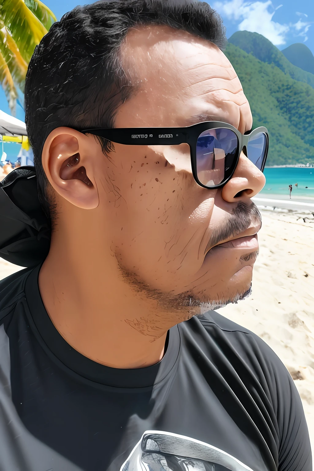 guttonerdvision4, portrait of a man in sunglasses, skin face and pores detailed, on the beach surrounded by mountains, coconut trees, rocks, wearing black rock band t-shirt, ultra realism, ultra detailed scene