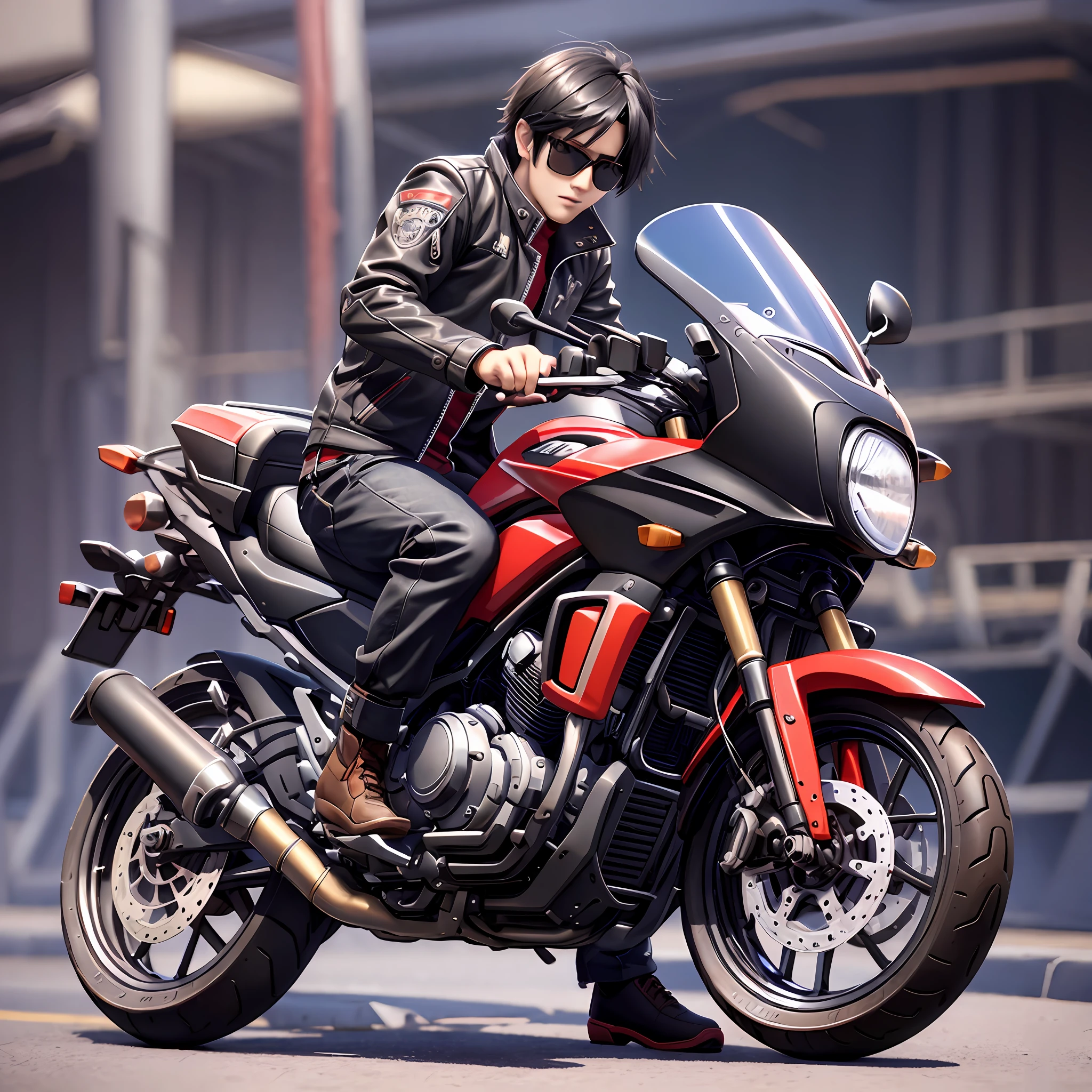 "Black-haired boy with red jacket and black shirt, sunglasses, full body, motorcycle nearby. Ultra-realistic 3D anime with brown eyes." --auto --s2