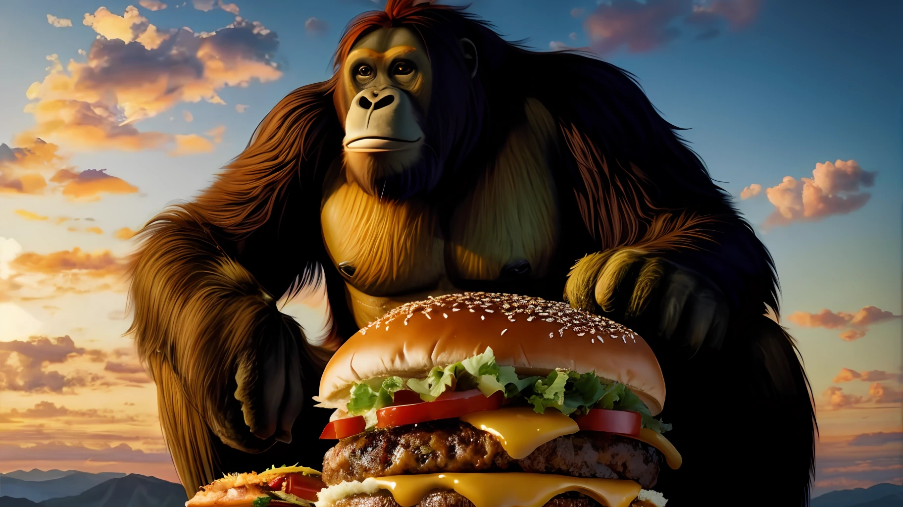 Orangutan climbing on a giant cheeseburger, mega detail, hyperreal, HD, 8k
