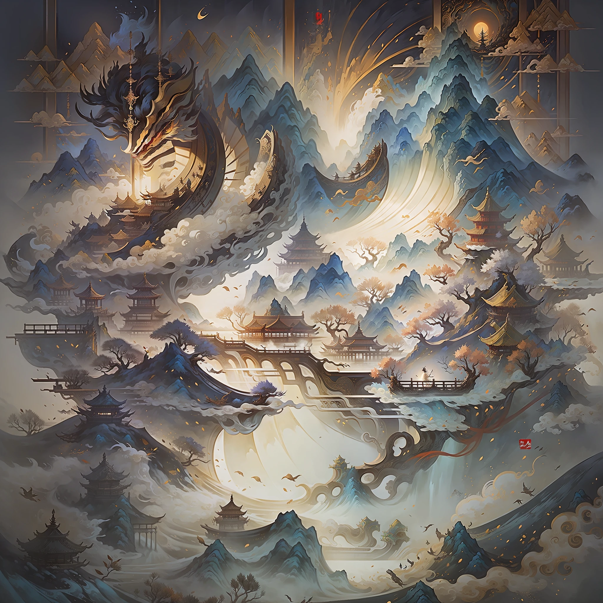 ((Best Quality)), ((Masterpiece)), Chinese Style, Classic of Mountains and Seas, Sacred Beast Mountains, River, Auspicious Clouds, Pavilions, Sunlight, Masterpiece, Super Detail, Epic Composition, --auto --s2