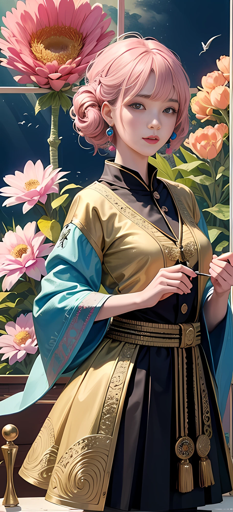 (Masterpiece, Top Quality, Best Quality, Official Art, Beauty and Aesthetics: 1.2), (1girl), Korean, (Smile), Extremely detailed, Colorful, Supreme Detailed, Uniform 8k wallpaper, Ultra detailed, Beautiful, Pale Pink hair color, (zentangle, flower, mandala, tangled, entangled), water art, surround, entangled, real, sci-fi background