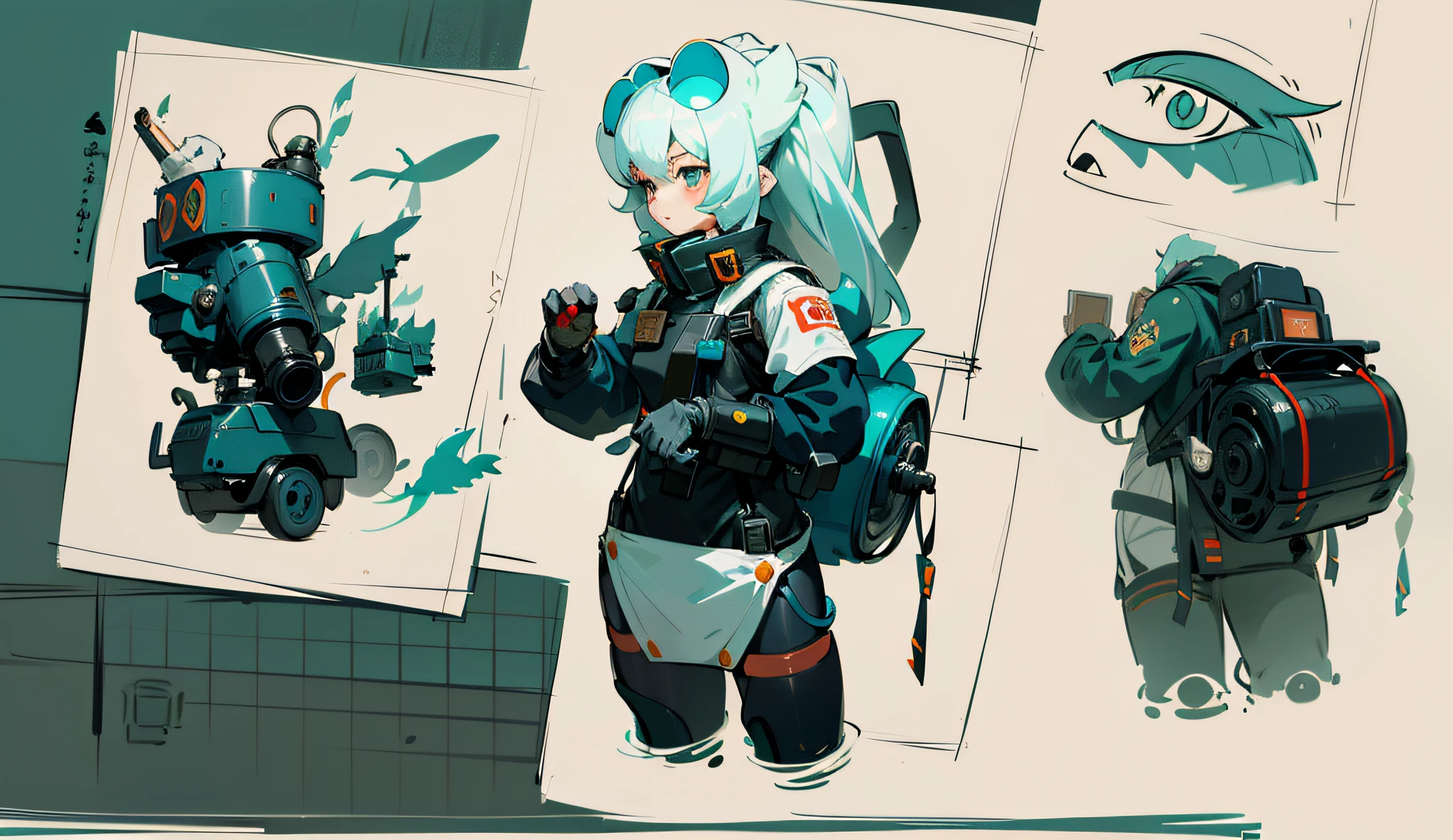 Anime characters, giant sharks, underwater elements with clouds above, anime robots mixed organic, mechanized witch girl, Sachin Teng, in the style of Sachin Teng, by Shitao, Mecha Aesthetics, Concept Art, E-Girl, E-Girl, Mouse Species Mecha, Mecha Animals, Krenz Cushart and Wenjun Lin, Cushart ((vtuber character design sheet, same character, front, side, Back)), whole body,
