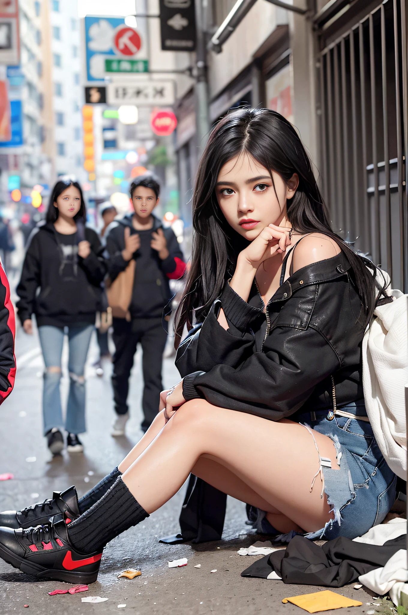 Create an image of a woman in her twenties. She has black hair and black eyes, and she is wearing torn and dirty clothes. She is begging in a bustling metropolis, with garbage and filth scattered around her. The woman is sound asleep