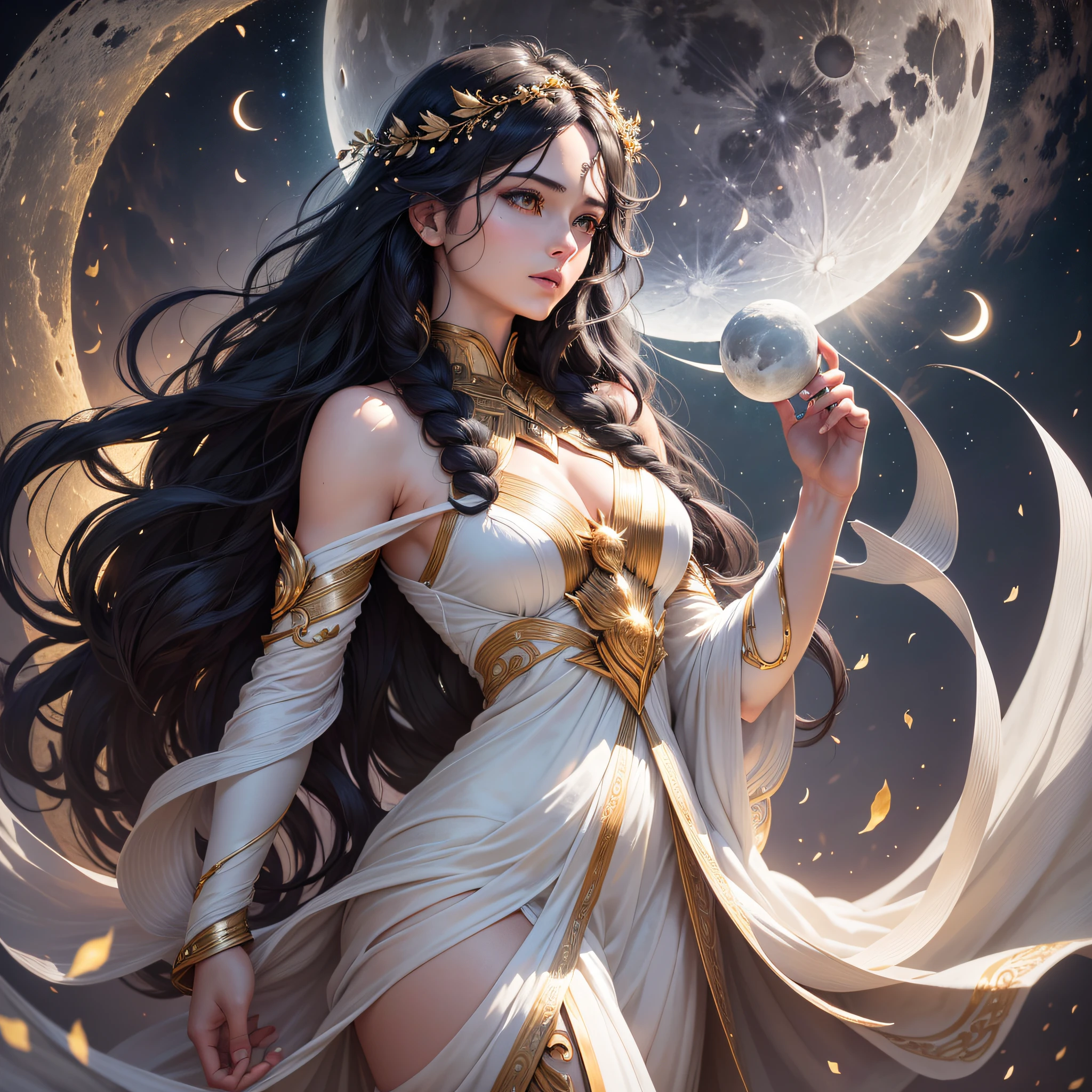 An image of Artemis, representing the full moon, holding the moon in his hands, while his beauty and power are highlighted by night lighting, black hair wavy in the wind, white silk dress outlining his body symbolizing purity, 8k, intricate details