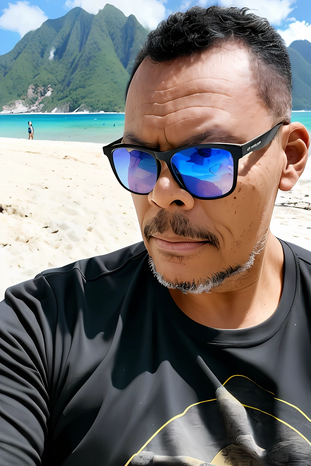 guttonerdvision4, a man with sunglasses, skin face and detailed pores, on the beach surrounded by mountains, coconut trees, rocks, wearing black rock band t-shirt, ultra realism, ultra detailed scene, cinematic