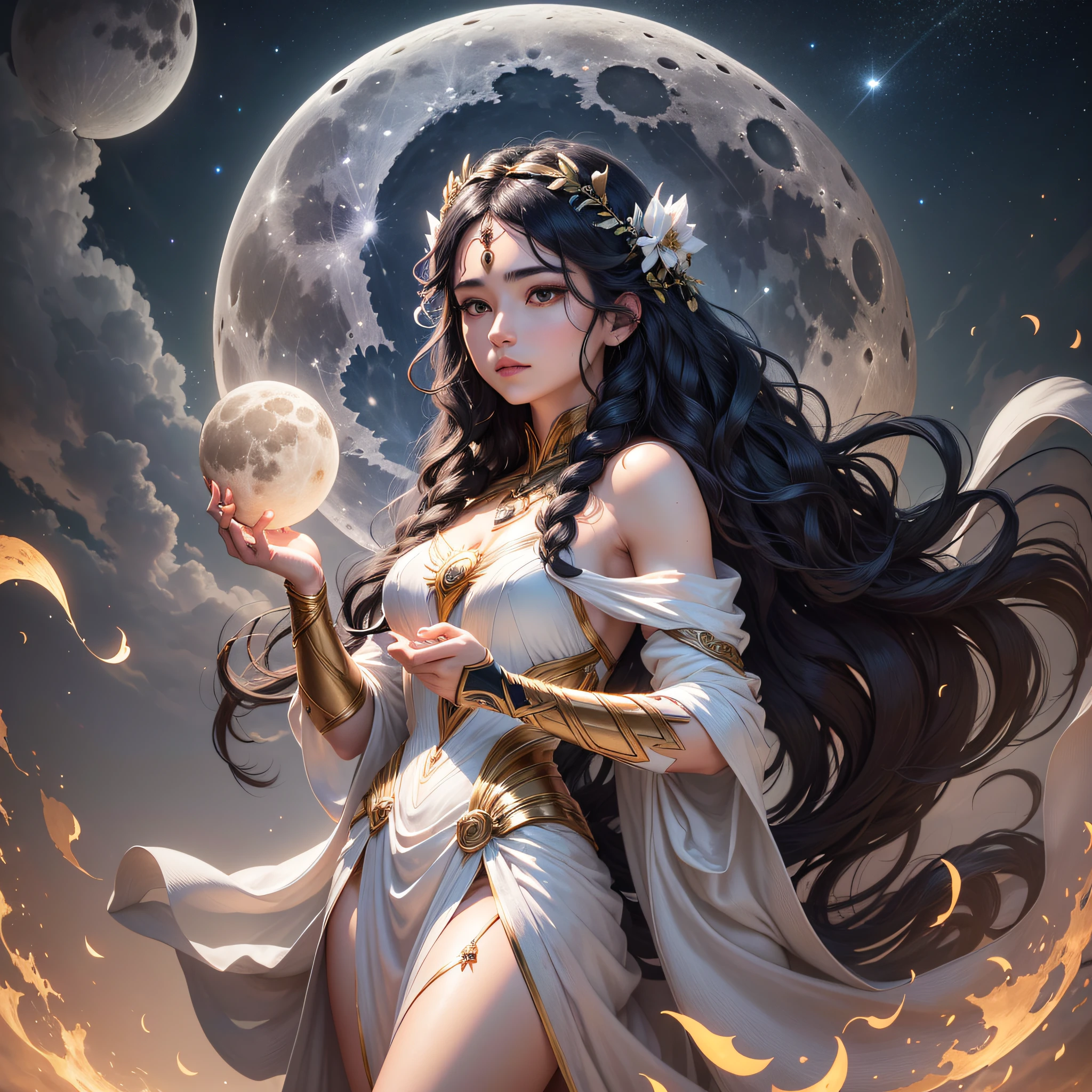 An image of Artemis, representing the full moon, holding the moon in his hands, while his beauty and power are highlighted by night lighting, black hair wavy in the wind, white silk dress outlining his body symbolizing purity, 8k, intricate details