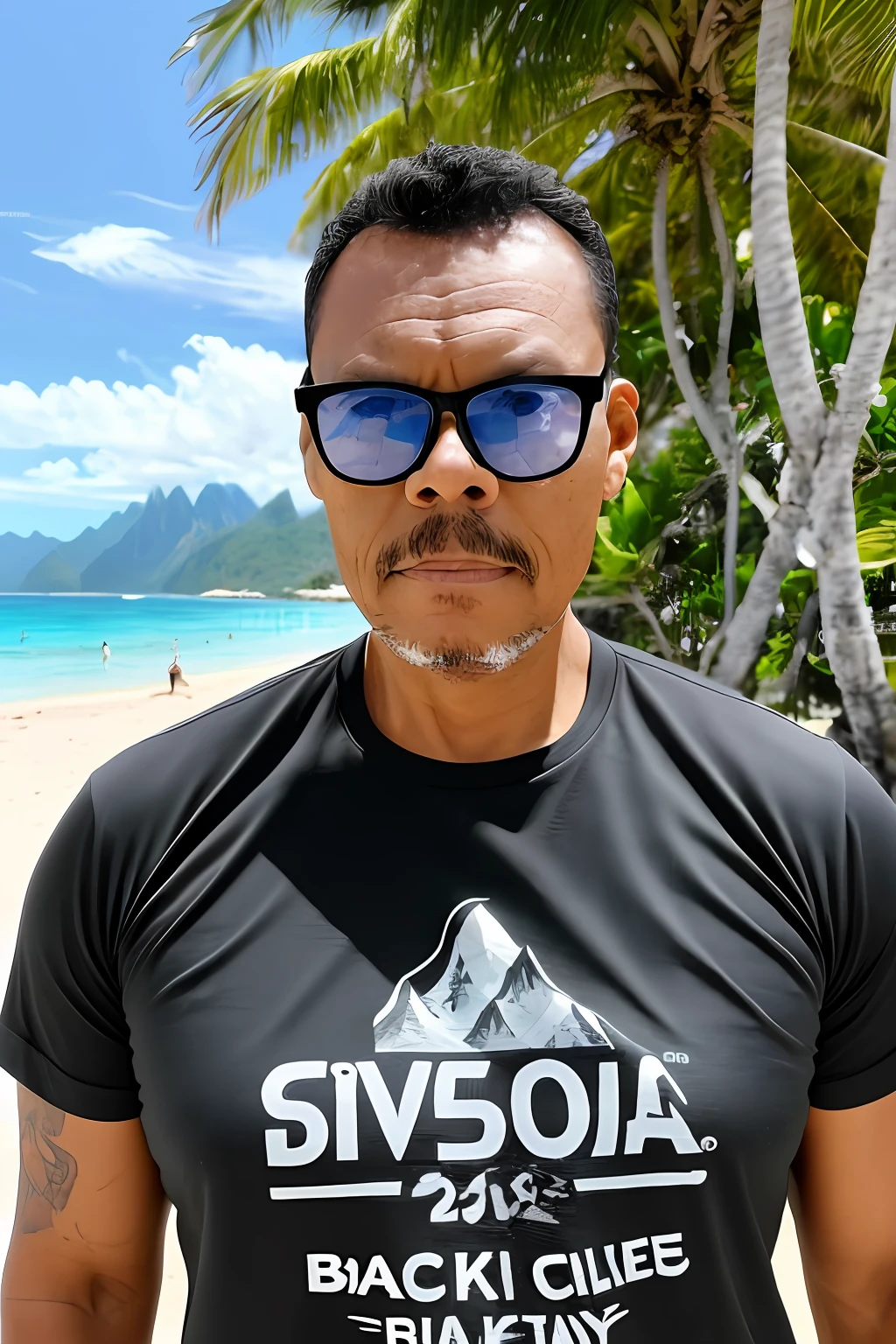 guttonerdvision4, a man with sunglasses, skin face and detailed pores, on the beach surrounded by mountains, coconut trees, rocks, wearing black rock band t-shirt, ultra realism, ultra detailed scene, cinematic