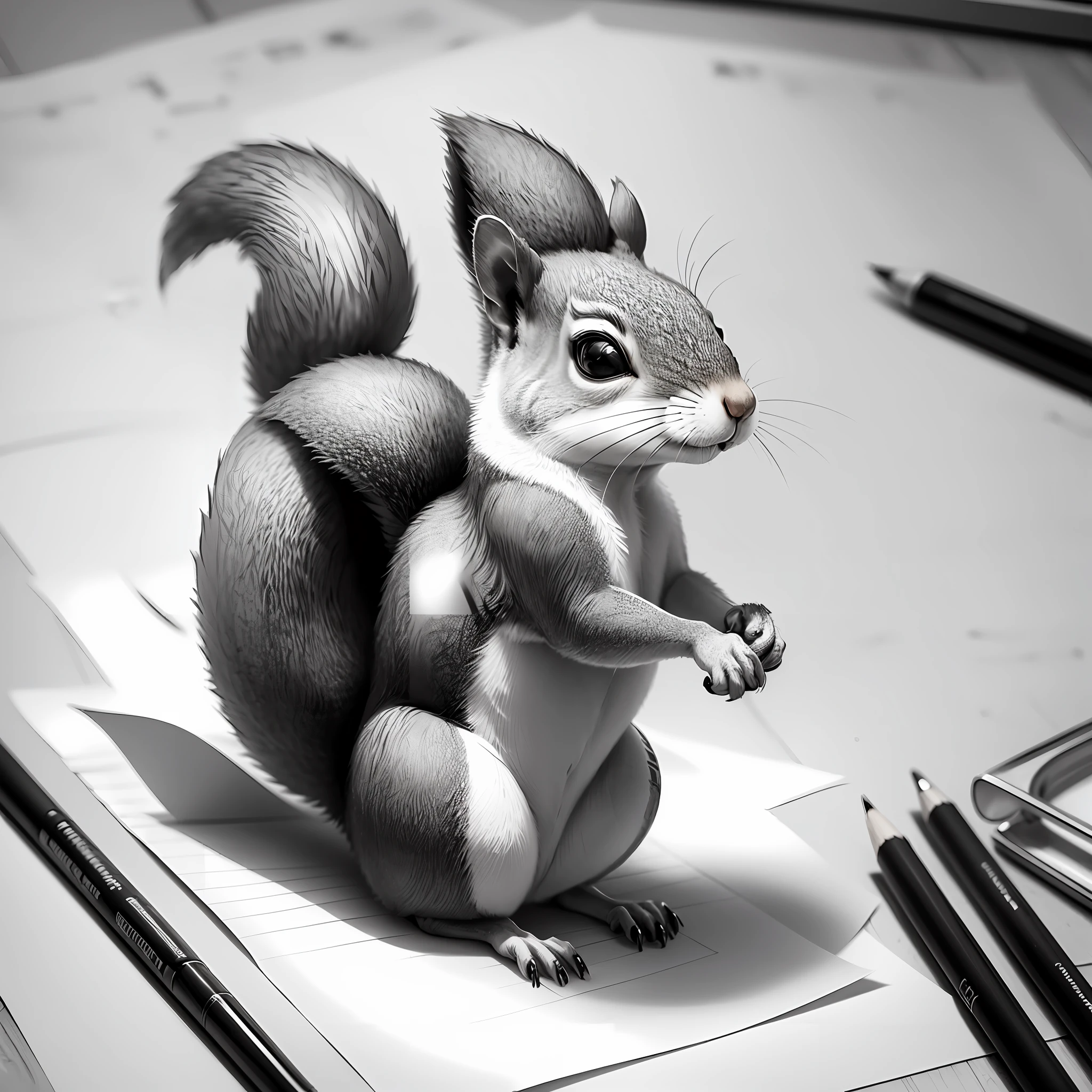 Simple drawing of a squirrel on the sheet of craft paper made in pencil, black and white