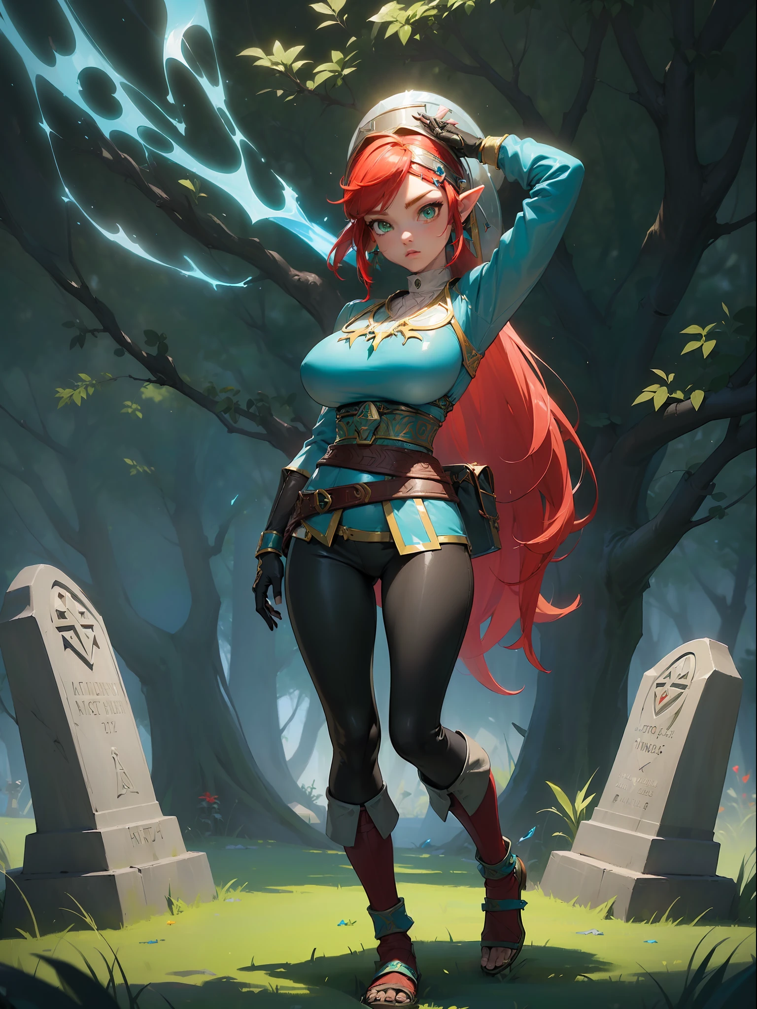 ((full body:2)) {zelda botw outfit}, only {zelda botw outfit} is this ((wearing Ninja attire, with round shiny jewel on chest, with a belt, helmet on head):1.5) ((extremely tight on the body, with a round jewel on her breastplate):1.5), only {zelda botw outfit} ((has extremely large breasts):1.8), only {zelda botw outfit} ((is looking at viewer/look and face of hate, doing heroic poses with arms above the waist)), only {zelda botw outfit} has ((green colored eyes, very short mohawk red hair):1.5), only {zelda botw outfit} is standing, ((Inside a cemetery, this night, it's full of ghosts near the tombstones)), anime, anime style, cinematic lighting, 16k, highres, best quality, (high details:1.4), UHD, ((masterpiece))