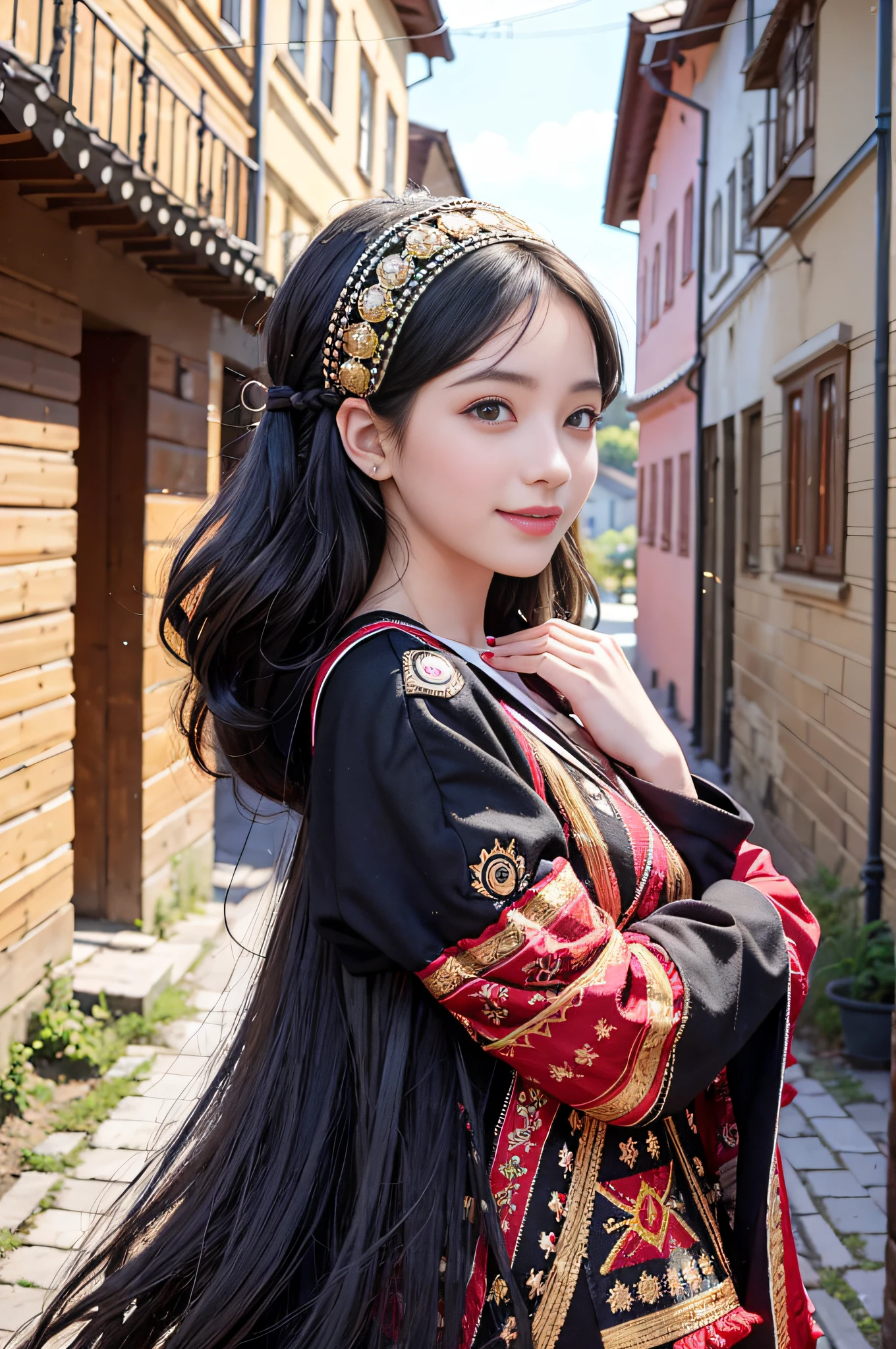 a young woman, approximately 22 years old. She has black hair and black eyes, . She is in Zalipie, Poland. She is dressed in various ethnic costumes, and there are many houses surrounding her. It is daytime, and the woman is smiling