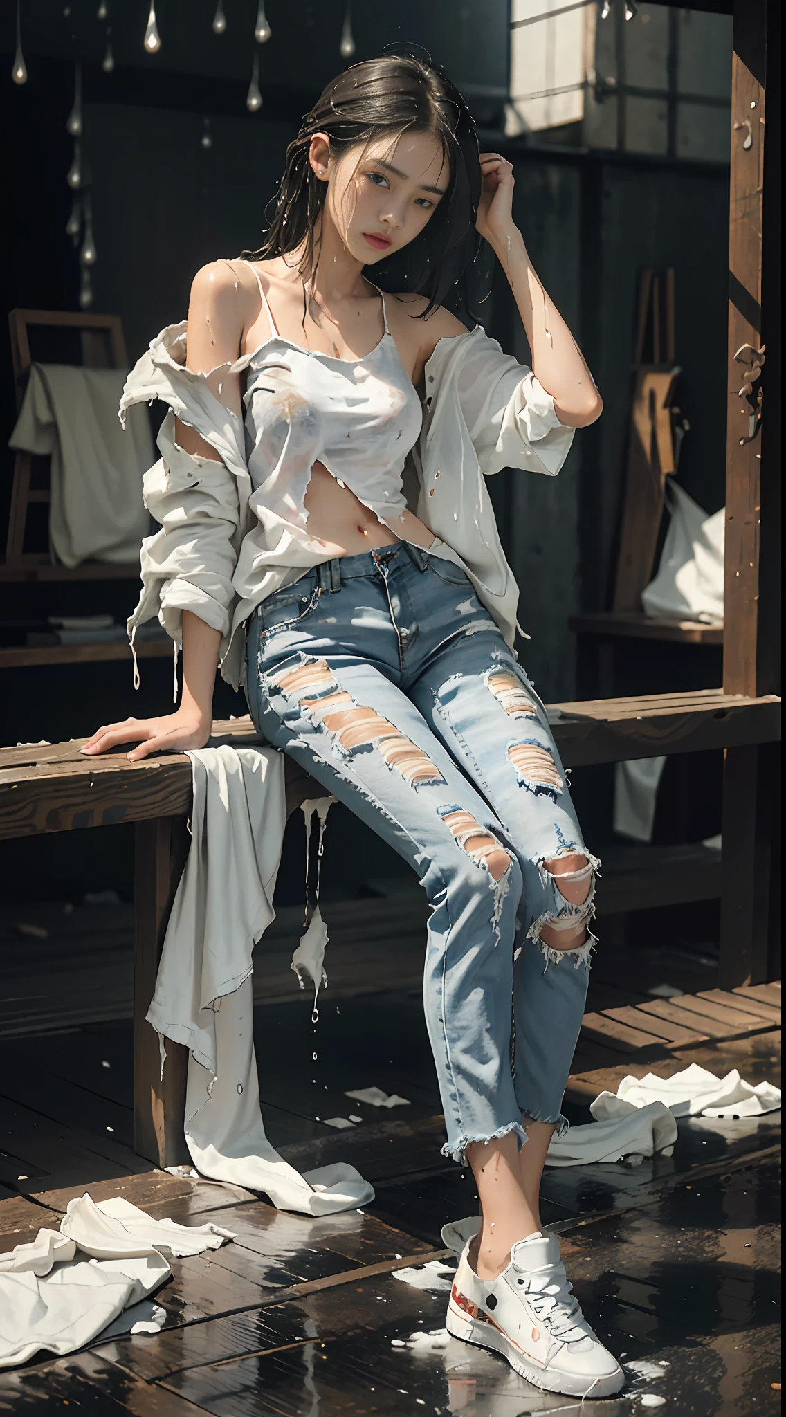 best image quality, masterpiece, super high resolution, (fidelity:1.4), photo, 1 girl, white shirt, torn jeans, white sneakers, dim, darkness, despair, pity, poor, movie, tears, teardrops, (torn clothes:1.5), (wet clothes:1.4), bare shoulders, real rain, wet hair,..微笑