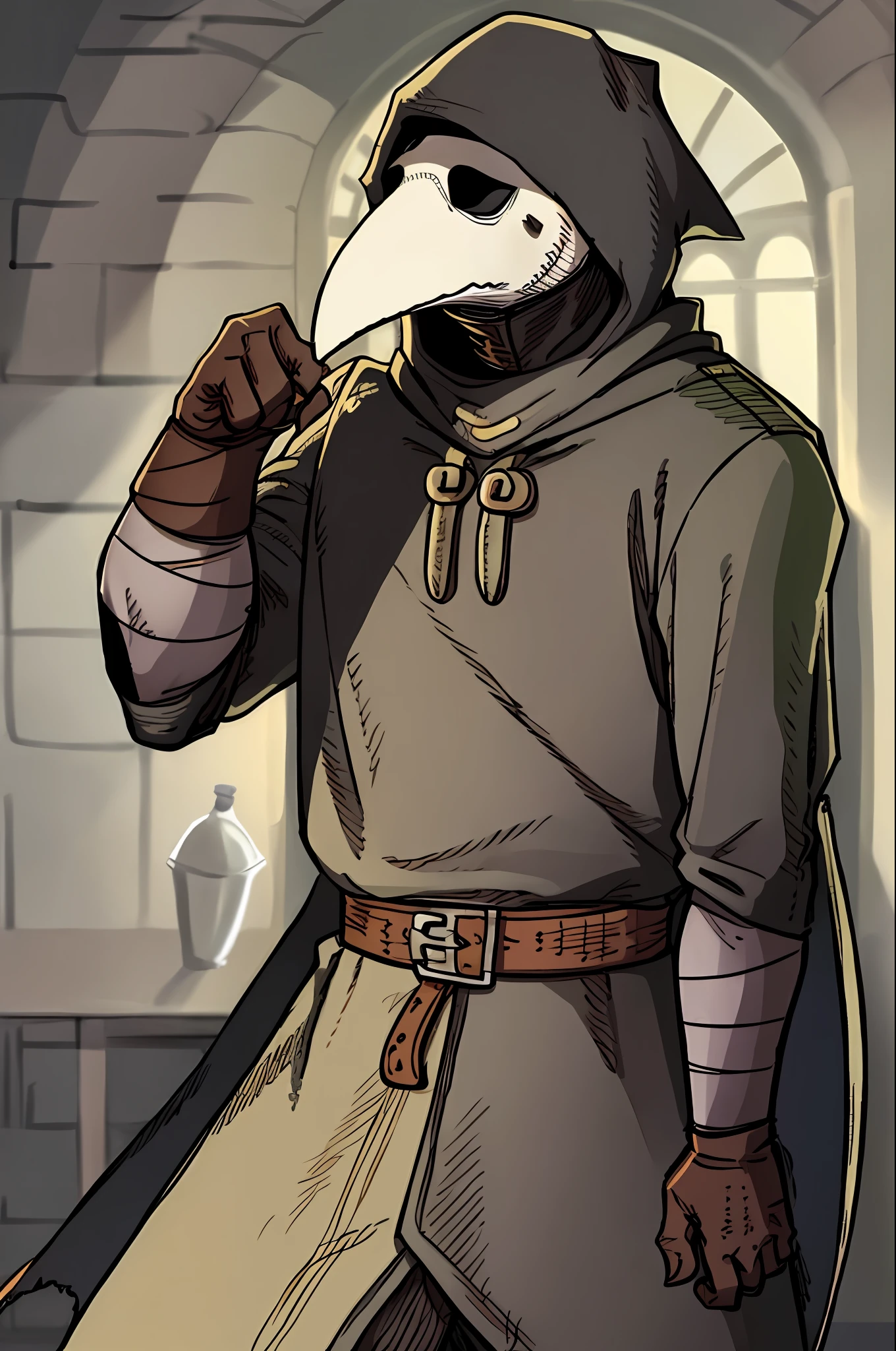 plague doctor, 1boy, solo, hood, mask, gloves, faceless, plague doctor mask, bandage, tabard, medieval, arms at sides, tall, muscular