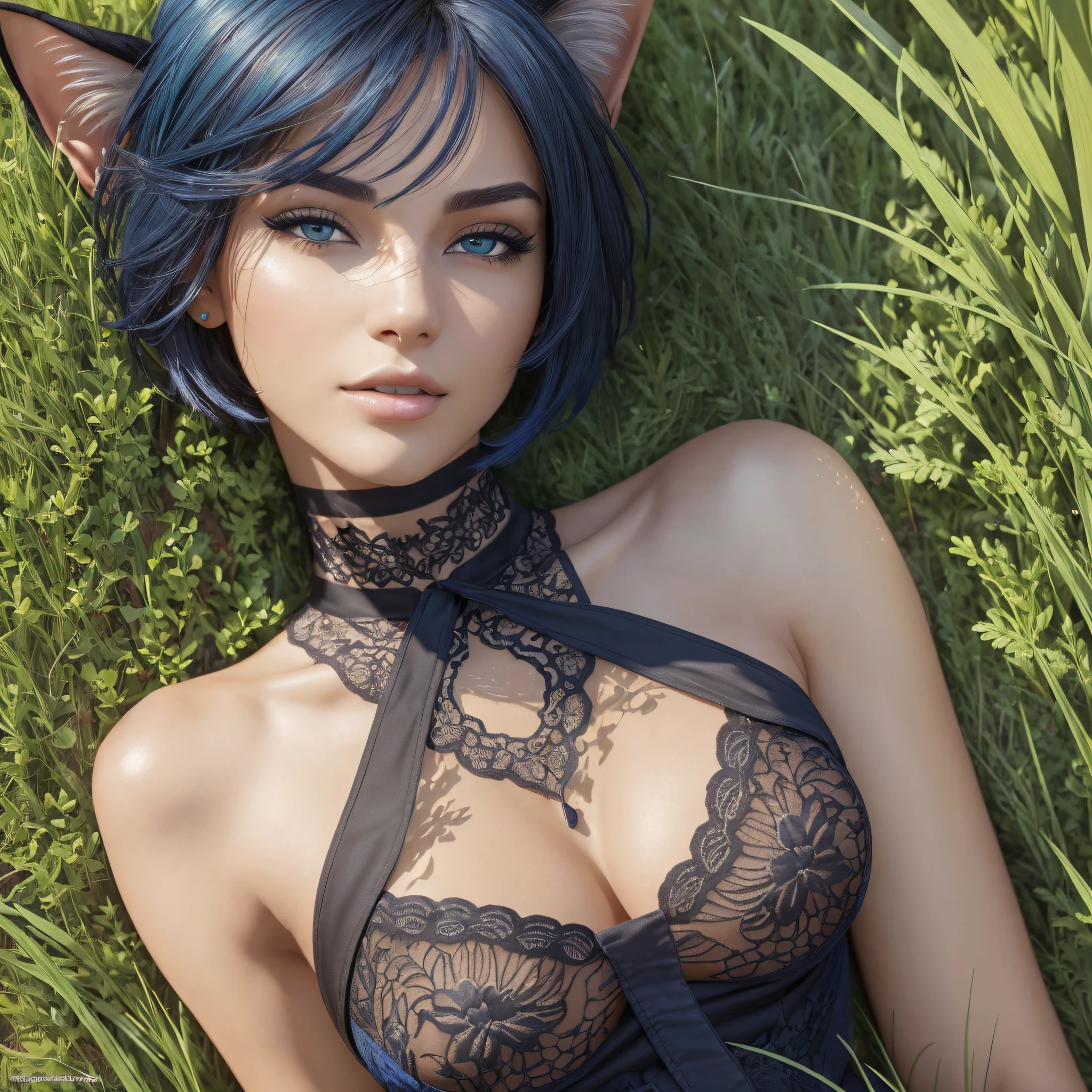 (Best Quality, High Resolution, Masterpiece: 1.3), a tall perfect woman with a slim figure, (sky blue short hair, black clothes Catgirl), dressed sexy revealing, in the grass, details of face and skin texture beautifully presented, detailed eyes, double eyelids, sexy pose, realistic, leaky half breastball, full body shot --auto --s2