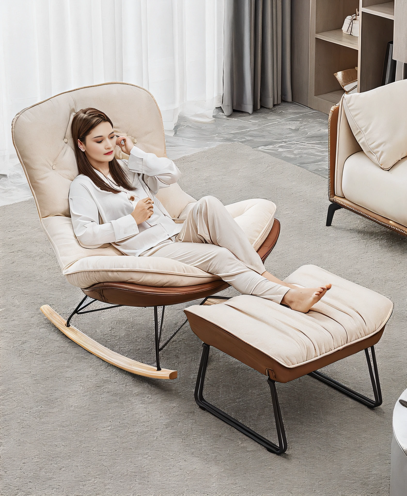 There is a woman sitting on a chair in the living room, on a comfortable chair, comfortable chair, very comfortable], very comfortable, comfortable armchair, comfortable, beige, placed in the large living room, elegant, sitting on a chair, sitting on a chair, relaxing mood, peaceful mood, placed in the living room, 2020, real, photos