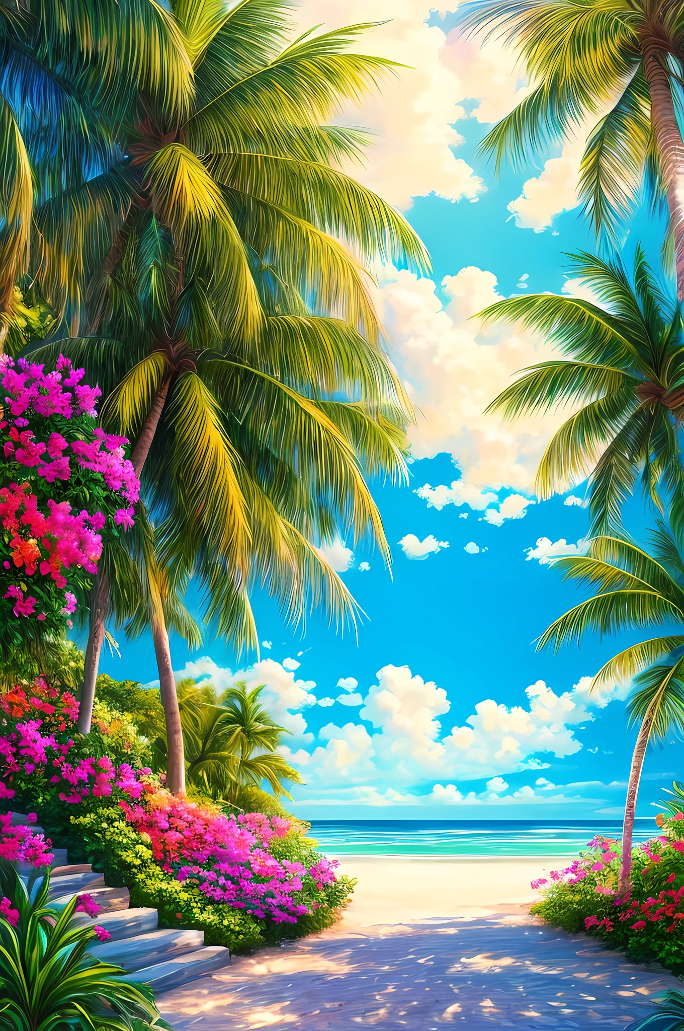 Masterpiece, best quality, high quality, extremely detailed 8k wallpaper of CG unit, charming and dreamy scene of dream beach, tall coconut palm, aesthetic beach, creating mystery and charm, art station, digital illustration, intricate, trending, pastel colors, oil painting, award-winning photography, bokeh, depth of field, chromatic aberration, realistic, very detailed, artistic trends, CG social trends, intricate, high detail, dramatic, art on the go, yearning.
