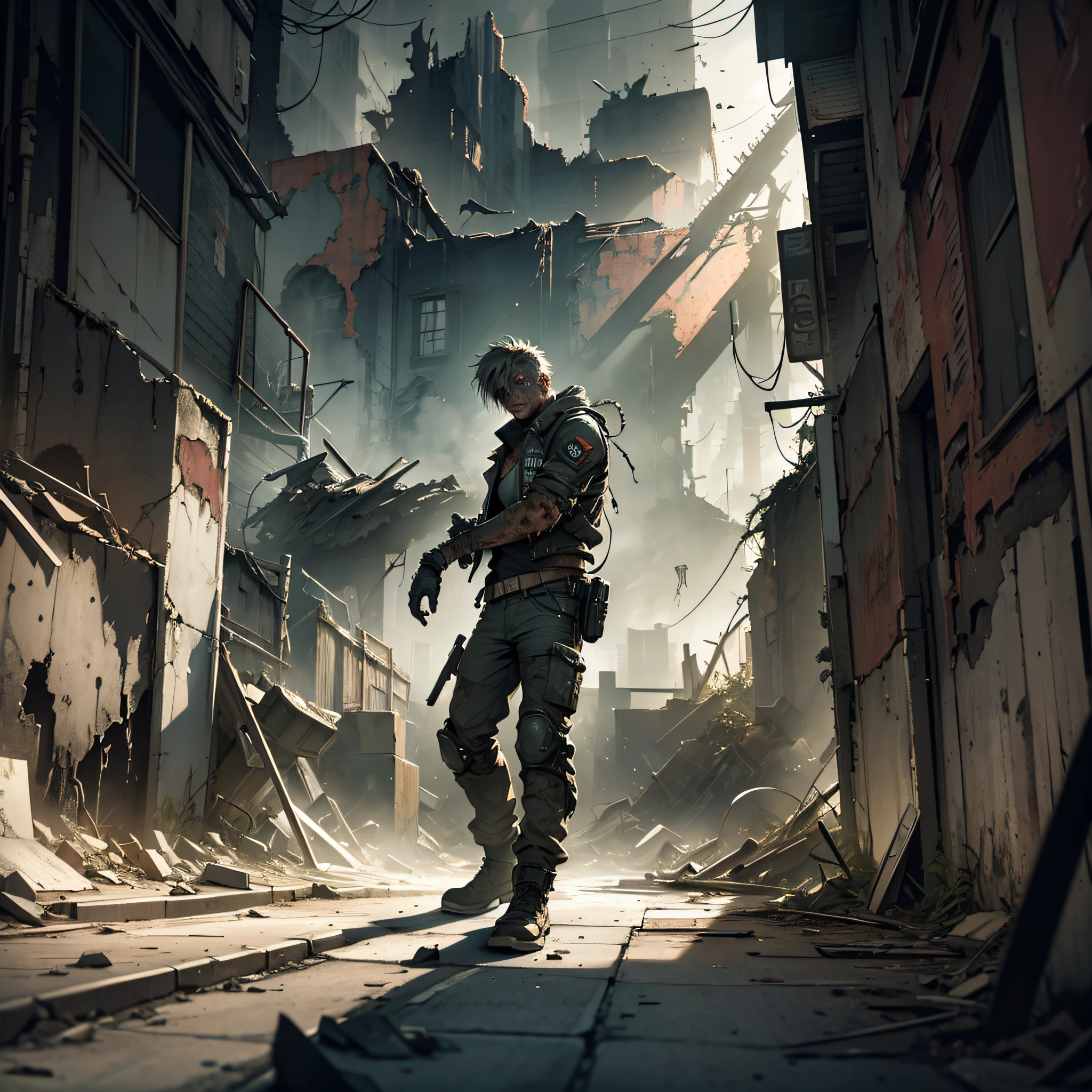 Best Quality, Masterpiece, Ultra High Resolution, City Ruins Street Background, 1 Zombie, Solo, Male, Doomsday, Solo, Lighting, Light, Dynamic Angle, Depth of Field, Wasteland Punk, Doom, Biochemical Infection, Dirty and Messy, Shabby, Look at the audience