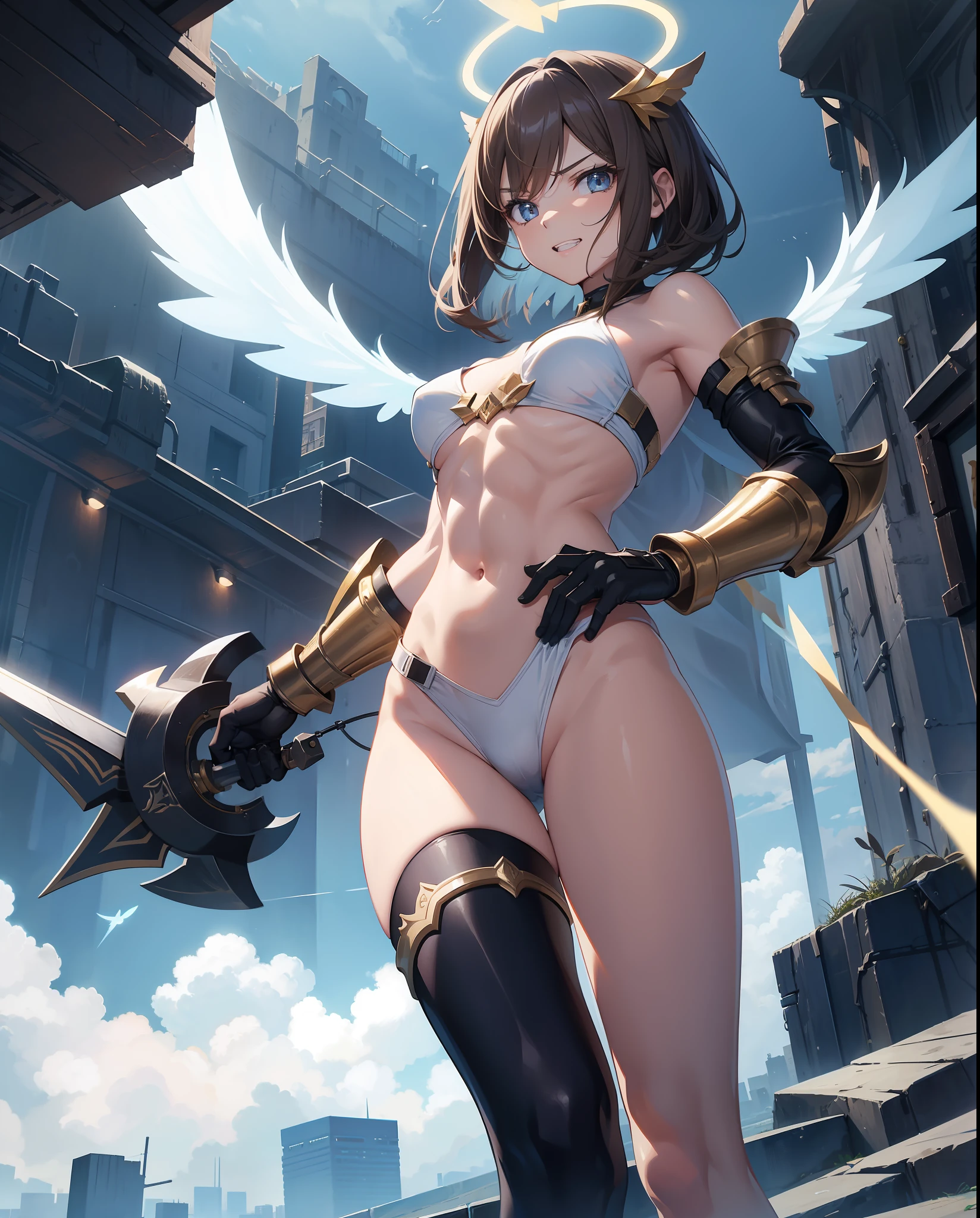 fantasy, 1angel_girl, low_teen, loli,brown_hair, medium_bob_hair, long_bangs, halo,bare_shoulder, navel, thigh,silver_armor, blue_clothes,waist_armor, medium_breasts, (abs)0.9,angry, grinning,open_mouth_teeth, 1pair_wings, dynamic_pose_fighting,floating, bare_crotch, naked_crotch, headgear,gauntlet, greaves,city_sky_background,slightly_spread_legs, solo